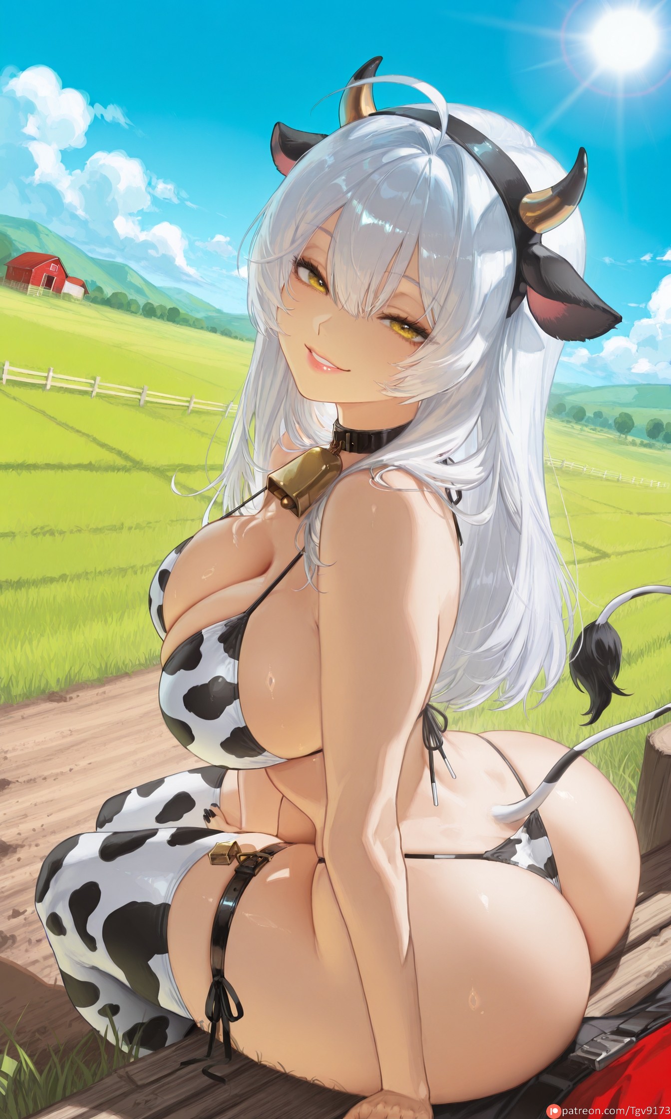 ahoge, ai generated, animal ears, animal print, ass, bangs, bare shoulders, bell, bikini, blue sky, blush, breasts, cleavage, cloud, collar, commission, commissions open, cow ears, cow horns, cow print, cow print bikini, cow tail, cowbell, cowkini, day, fake animal ears, fake tail, female, goddess of victory: nikke, grass, hair between eyes, hairband, horns, large breasts, lips, long hair, looking at viewer, looking back, neck bell, outdoors, parted lips, print bikini, self upload, side-tie bikini bottom, sitting, skindentation, sky, smile, snow white (nikke), solo, string bikini, sun, swimsuit, tail, tgv9173, thigh strap, thighhighs, thighs, thong bikini, white hair, yellow eyes