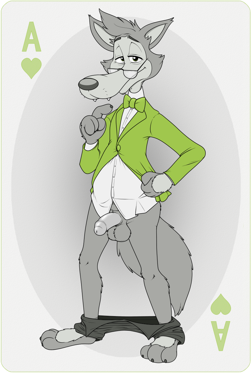 ace_of_hearts anthro balls belly black_tie_(suit) bottomless bow_tie canid canine canis clothed clothing dad_bod digital_media_(artwork) erection eyewear genitals grey_body hair hi_res humanoid_genitalia humanoid_penis looking_at_viewer male male_only mammal mascot mature_male neenya penis playing_card simple_background smile solo suit symbicort_commercial transparent_background wolf