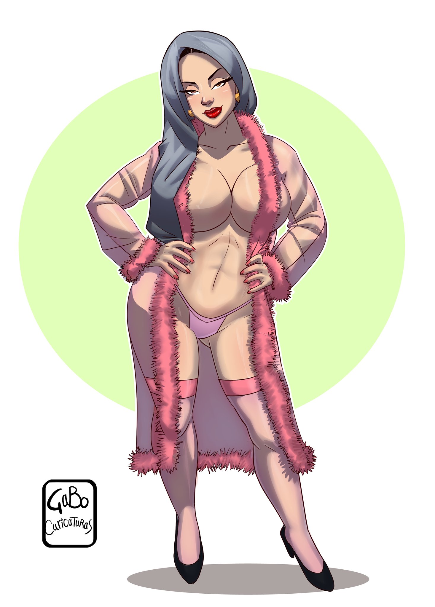 1girls, arabian, artist name, breasts, busty, cleavage, female, gabocaricaturas, heels, hijab, hips, hourglass figure, legs, lips, lipstick, looking at viewer, married female, muslim, no bra, open clothes, original, original character, panties, red lips, red lipstick, robe, tan skin, thick legs, thick thighs, thigh highs, thighhighs, thighs, voluptuous, watermark, wide hips