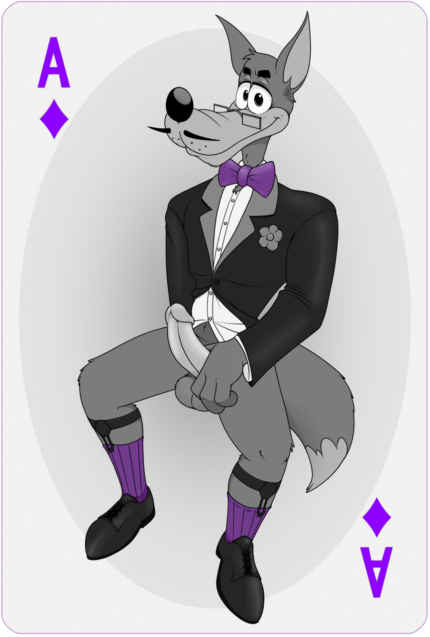 ace_of_diamonds anthro balls black_tie_(suit) bow_tie canid canine canis clothed clothing digital_media_(artwork) erection eyewear facial_hair footwear fur genitals half-closed_eyes hi_res holding_penis humanoid_genitalia humanoid_penis legwear looking_at_viewer male male_only mammal metro-goldwyn-mayer moustache narrowed_eyes neenya penis playing_card red_hot shoes simple_background smile sock_garters socks solo suit tex_avery tex_avery_wolf transparent_background wolf