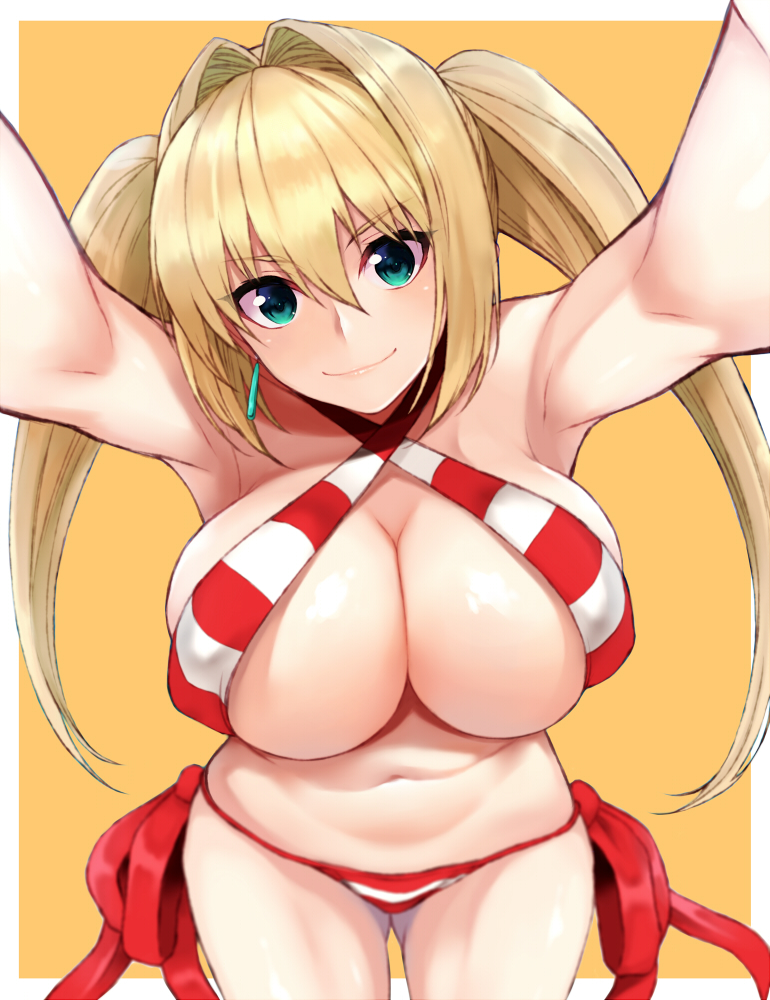 blonde_hair cleavage cocq_taichou fate/grand_order fate_(series) female female_only green_eyes large_breasts long_hair nero_claudius_(fate) nero_claudius_(swimsuit_caster) nipples nipples_visible_through_clothing servant_(fate) solo solo_female solo_focus striped striped_bikini twintails