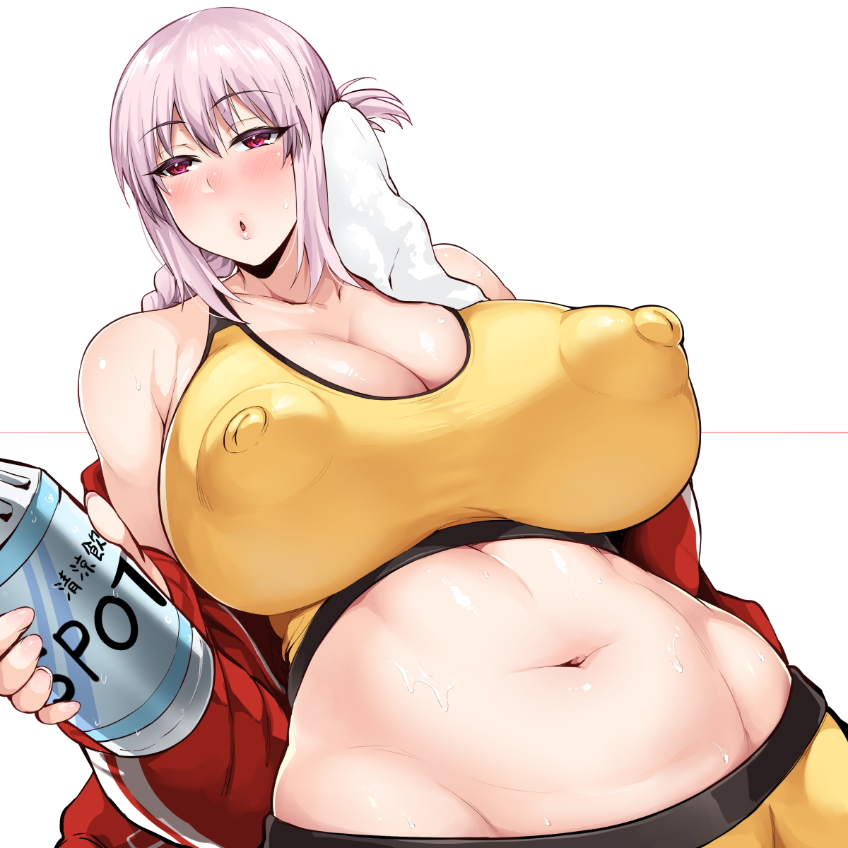 1girls, blush, bottle, breasts, cleavage, fate (series), fate/grand order, female, florence nightingale (fate), gym, huge breasts, jacket, long hair, navel, nipple bulge, nipples, nipples visible through clothing, open jacket, open mouth, pink hair, plump, ponytail, red eyes, simple background, solo, sports bra, stomach, towel, white background, white skin, yomomirin