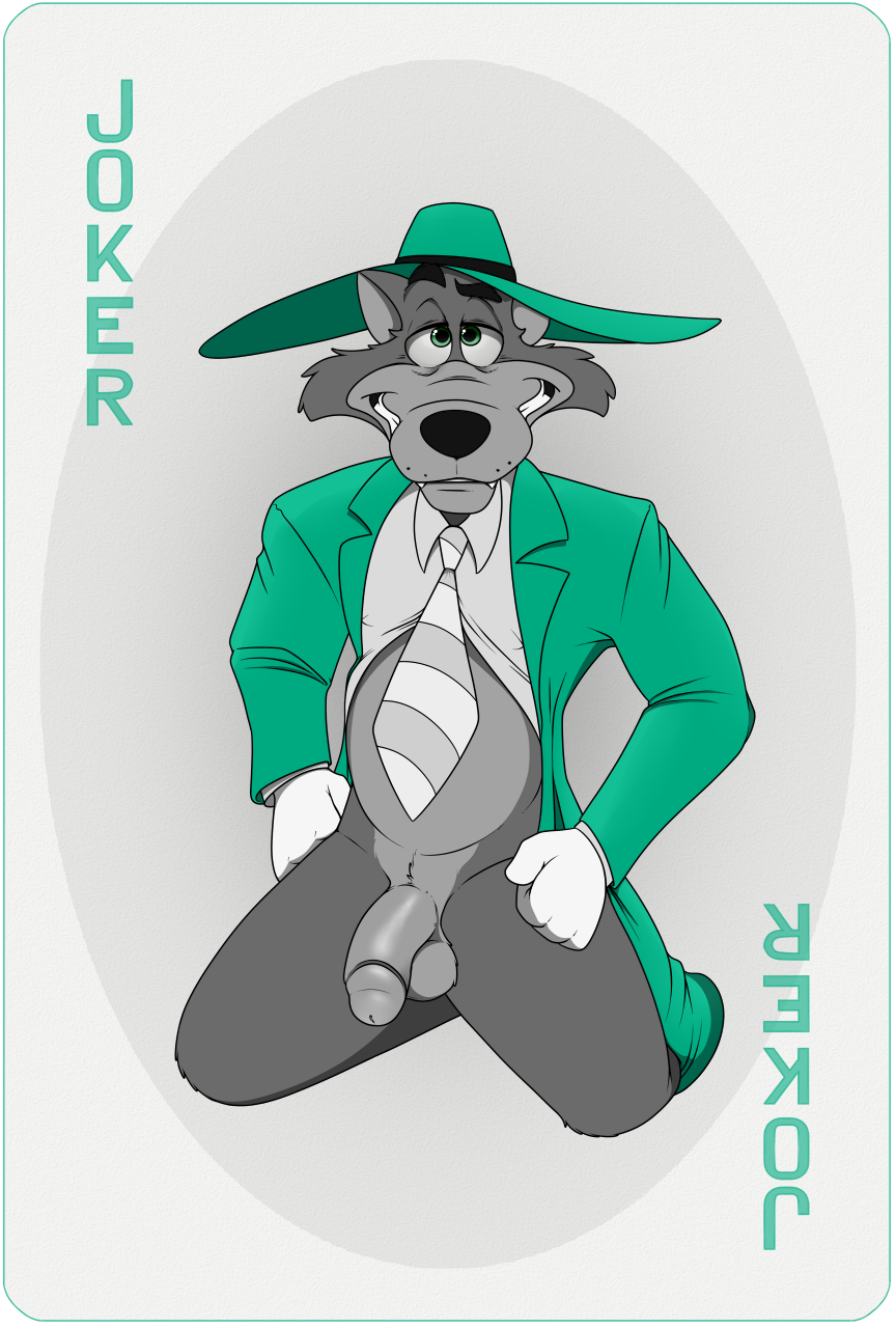 anthro balls belly bottomless canid canine canis clothed clothing dad_bod disney fedora flaccid fur genitals grey_body half-closed_eyes hat headgear headwear hi_res humanoid_genitalia humanoid_penis joker_(playing_card) looking_at_viewer male male/male male_only mammal narrowed_eyes necktie neenya penis playing_card quack_pack simple_background smile topwear transparent_background wolf zoot_suit