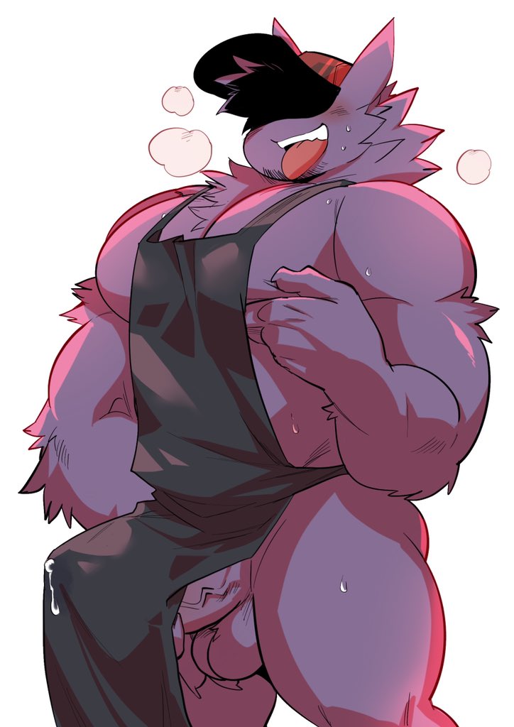 1boy anthro anthrofied apron apron_only bara baseball_cap big_muscles big_pecs big_penis biped black_clothing black_hair bodily_fluids breath chest_tuft claws clothing cum cum_through_clothing erection erection_under_clothing fur furry gengar genital_fluids hair hat headgear headwear huff humanoid_genitalia humanoid_penis kokuhane kokuhane_(character) male male_only masturbation mostly_nude muscular muscular_male nintendo original_character panting pecs penis pokémon_(species) pokemon pokemon_rgby portrait purple_balls purple_body purple_fur purple_penis red_clothing red_hat red_headwear simple_background solo standing sweat teeth tenting testicles three-quarter_portrait tongue tongue_out tuft vein veiny_penis video_games wet wet_clothing white_background