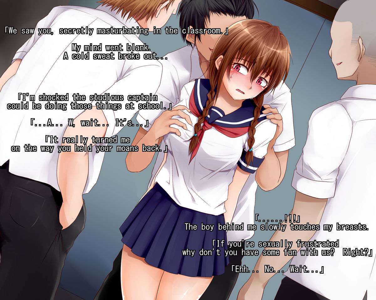 73gou koudou, big breasts, blackmail, breasts, brown hair, doujinshi, english text, female, from behind, grope, imminent rape, kappamaru, male, molestation, multiple boys, red eyes