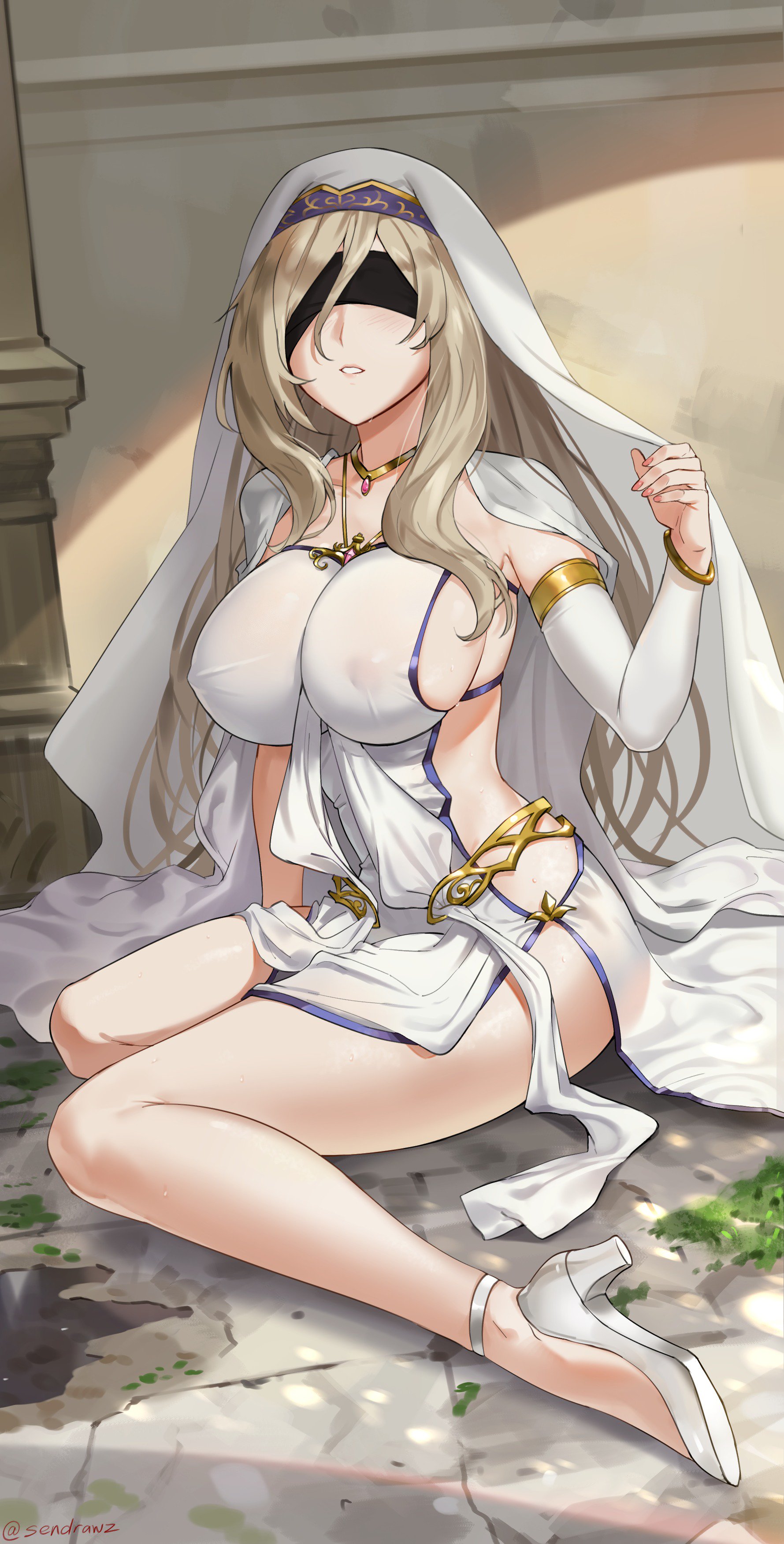 1girls, big breasts, blindfold, blonde hair, bracelet, breasts, clothed female, female, female only, goblin slayer, high heels, nipples, nipples visible through clothing, sendrawz, solo, solo female, solo focus, sword maiden (goblin slayer)