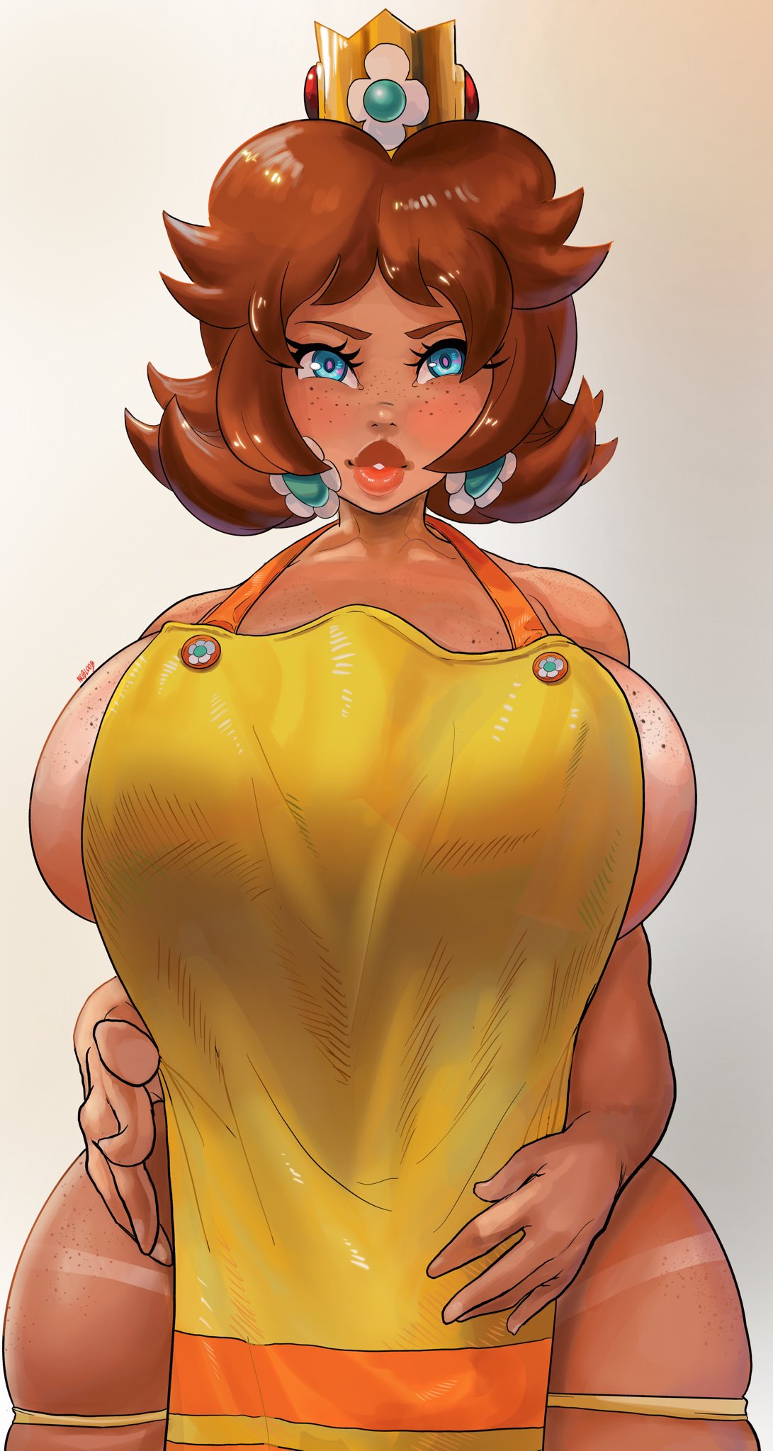 1girls, 2020, alternate breast size, apron, big breasts, bimbo, blue eyes, blush, breasts, breasts bigger than head, brown hair, crown, dark skin, earrings, female, female focus, female only, flower earrings, freckled breasts, freckles, front view, half-closed eyes, huge breasts, large breasts, lips, lipstick, looking at viewer, mario (series), mature female, nintendo, noblood, princess daisy, short hair, shoulder length hair, sideboob, simple background, solo, solo female, solo focus, standing, tan, tan skin, tan-skinned female, tanline, tanned, tanned skin, teeth, thick, thong, voluptuous, wide hips