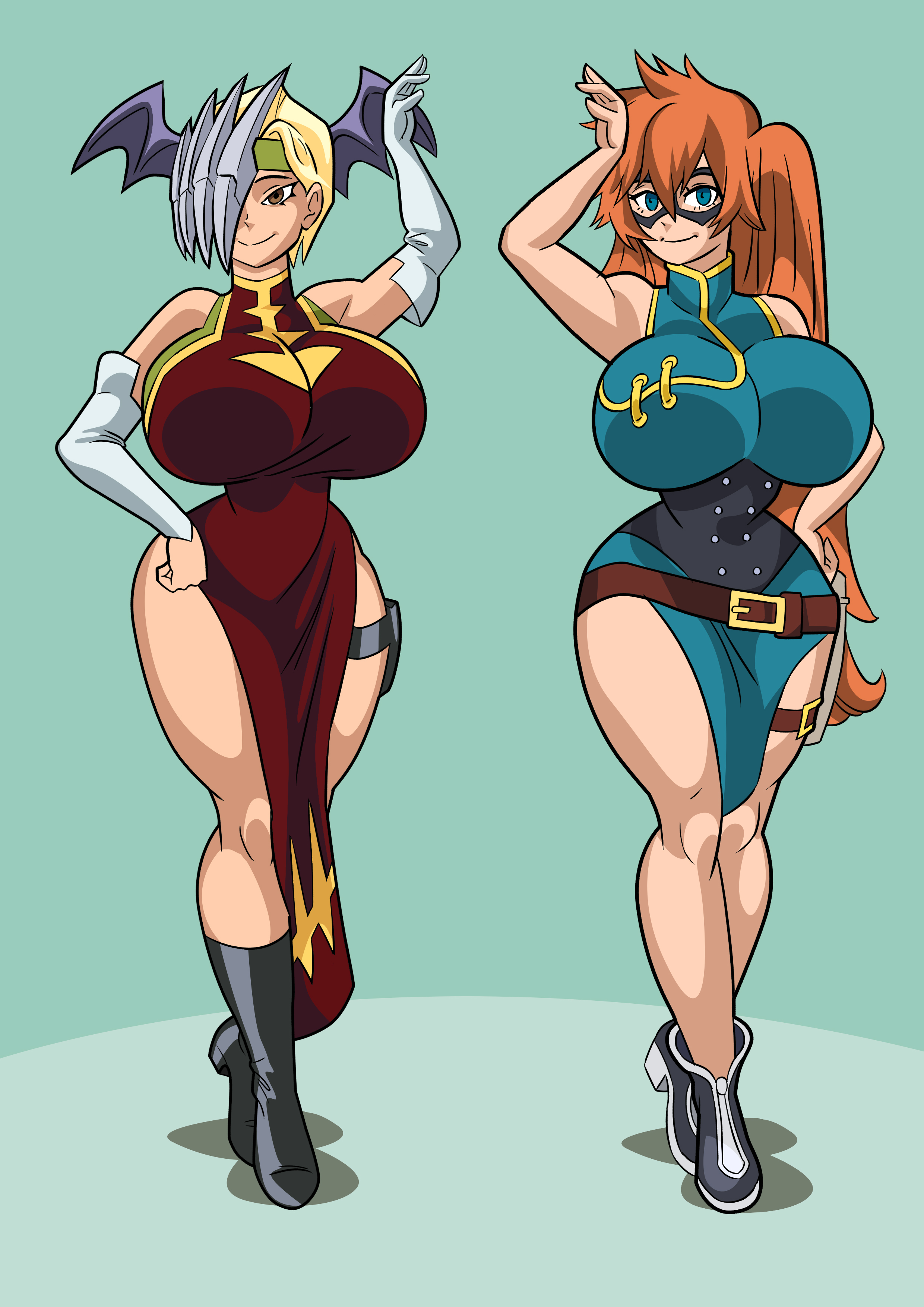 2girls, aged up, alternate breast size, art-2u, blonde hair, blue eyes, boots, breasts, curvy, domino mask, female, female only, head wings, headband, hero outfit (mha), huge breasts, itsuka kendou, kendou itsuka, looking at viewer, mask, multiple females, multiple girls, my hero academia, orange hair, ryuukyuu, side ponytail, smile, tatsuma ryuuko, thick thighs