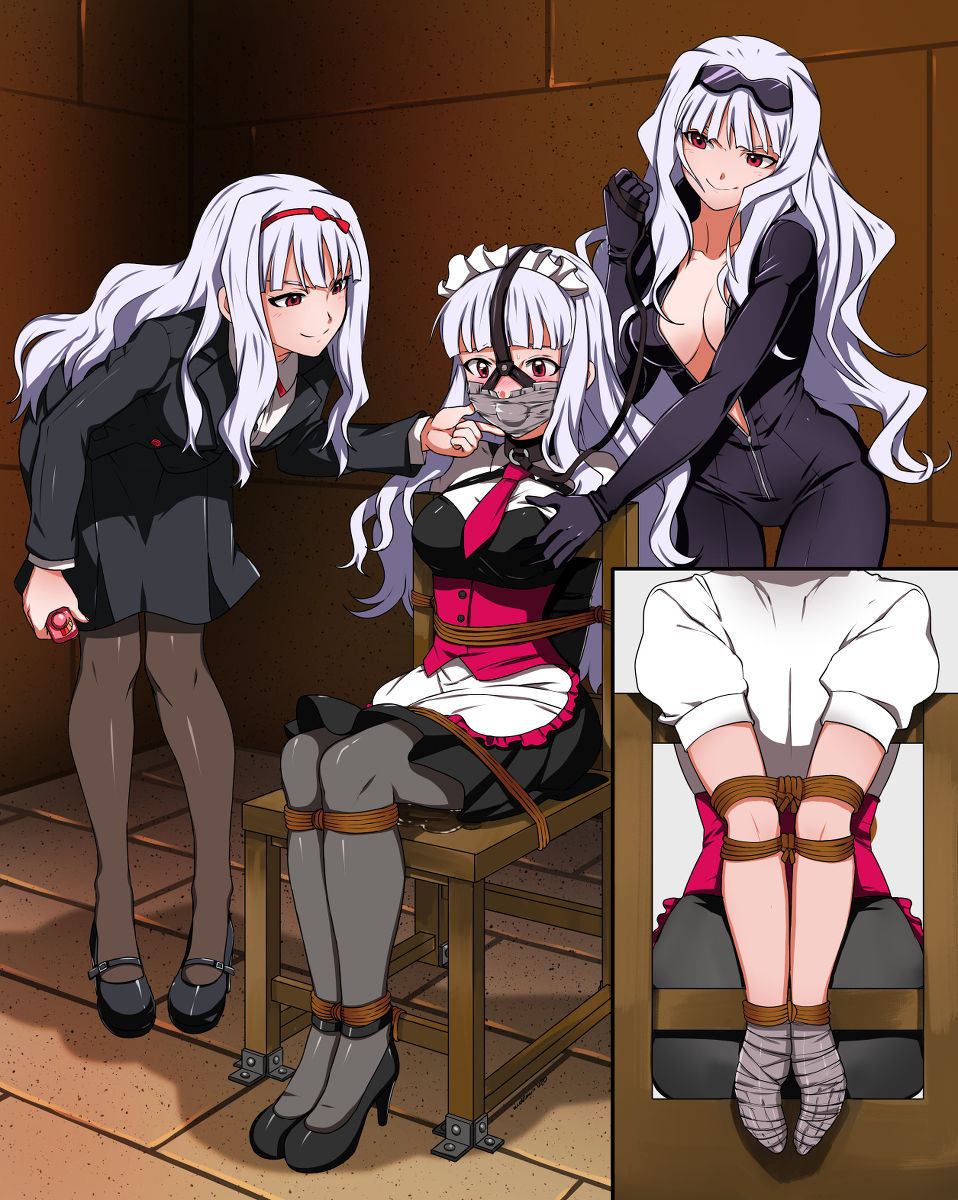 arms behind back, ball gag, blush, bondage, bound, chair bondage, clone, doppelganger, dress, egg vibrator, eudetenis, female, femdom, femsub, forced orgasm, gag, gagged, groping, idolmaster, pantyhose, pussy, pussy juice, rope, shijou takane, silver hair, vibrator, vibrator under clothes, yuri