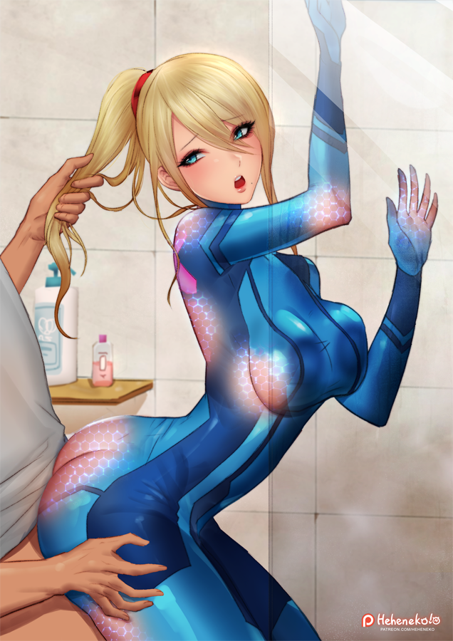 big breasts, blonde hair, blue eyes, bodysuit, breasts, doggy style, female, from behind, from behind position, hair pull, heheneko, long hair, male, metroid, nintendo, ponytail, ponytail hold, samus aran, sex, straight, zero suit, zero suit samus