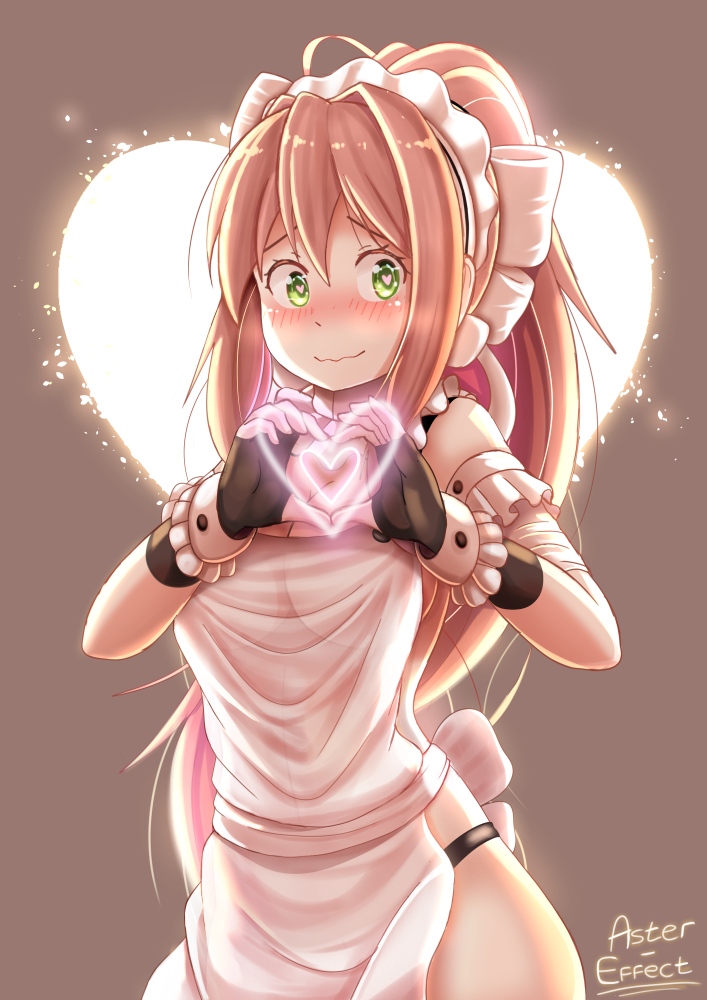 apron, aster-effect, blush, doki doki literature club, female, fingerless gloves, green eyes, heart-shaped pupils, maid headdress, monika (doki doki literature club), panties, pov, pov eye contact, smile, unusual anatomy, unusual eyes, unusual pupils, wholesome, wide hips