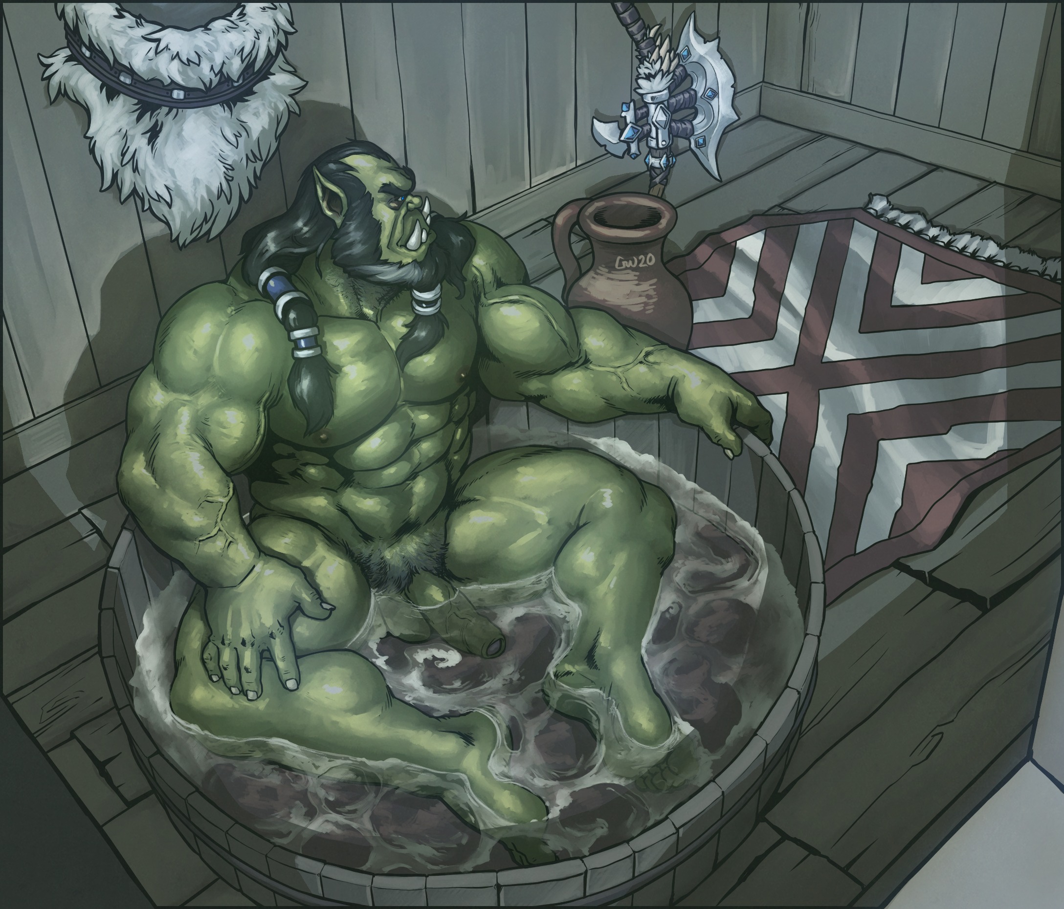 1boy, balls, bath, bathing, captaingerbear, foreskin, humanoid, male, male only, muscular, muscular male, navel, nipples, nude, orc, orc male, penis, pubes, pubic hair, solo, thrall, uncircumcised, uncut, warcraft, water, world of warcraft