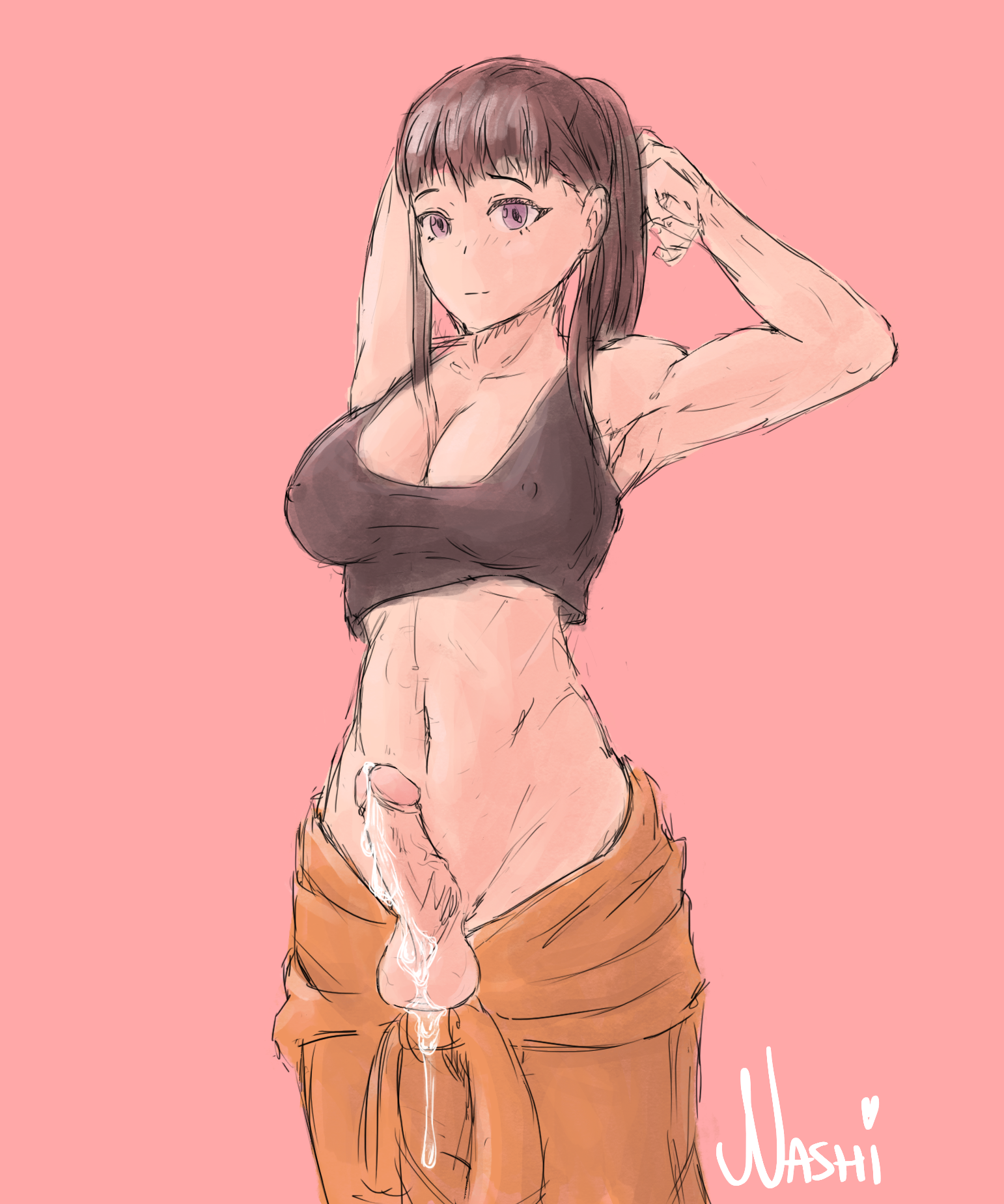 1futa, armpits, balls, big balls, big breasts, big penis, breasts, brown hair, color, cum, dickgirl, enen no shouboutai, fire force, futa only, futanari, huge cock, intersex, jumpsuit, large breasts, large penis, looking at viewer, muscles, muscular, nashi255, nipples, overalls, oze maki, penis, ponytail, purple eyes, simple background, solo, stretching, tank top, watermark