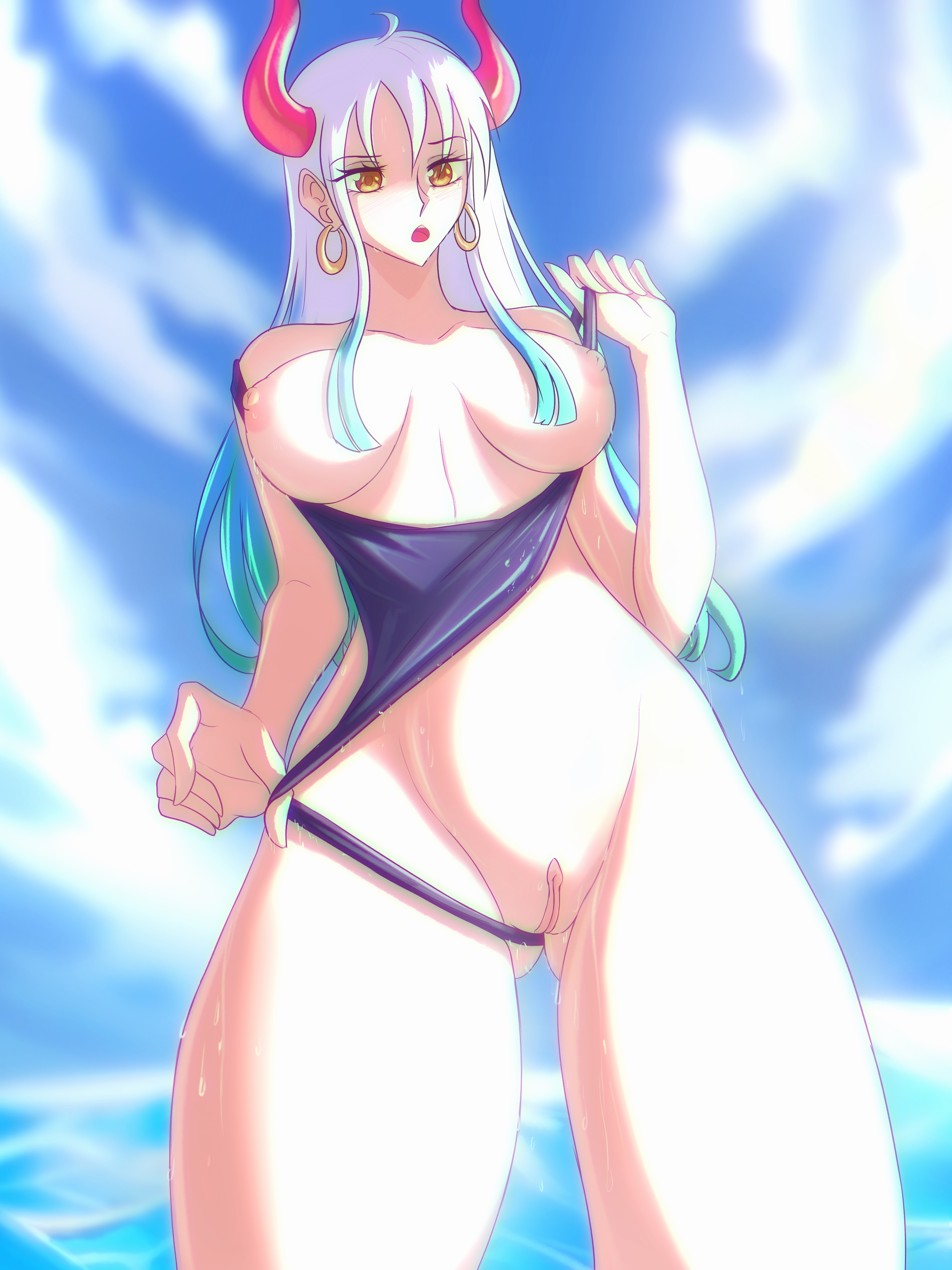 1girls, breasts, breasts out, female, female only, horns, one piece, one-piece swimsuit, opalisart, pussy, pussy out, swimsuit aside, two-tone hair, white hair, white-haired female, yamato (one piece)