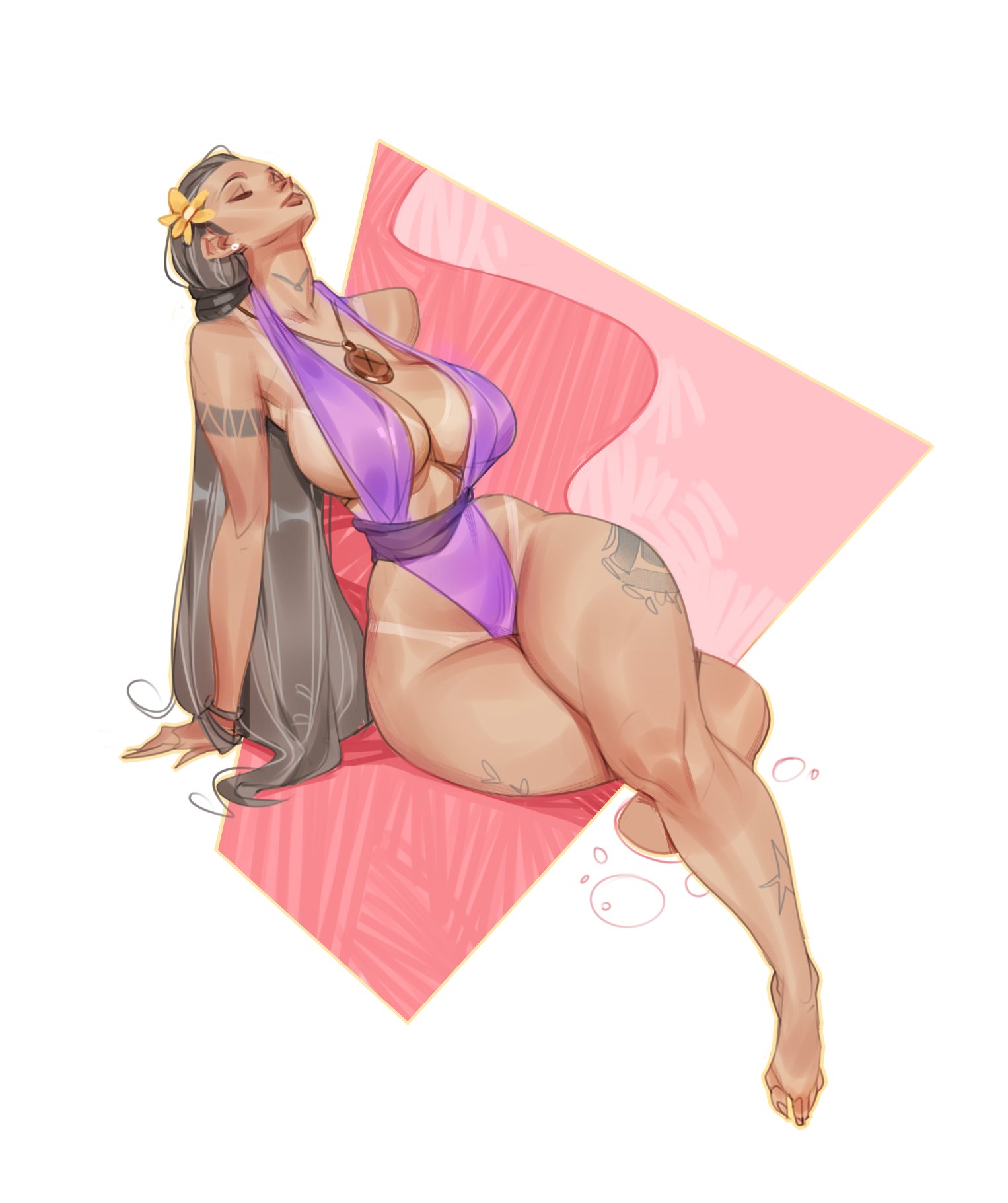 1girls, ass, big ass, big breasts, breasts, character request, cleavage, closed eyes, curvy, dark skin, dark-skinned female, female, female only, hourglass figure, huge ass, huge breasts, inputwo, long hair, simple background, solo, tanline, thick thighs, voluptuous, wide hips