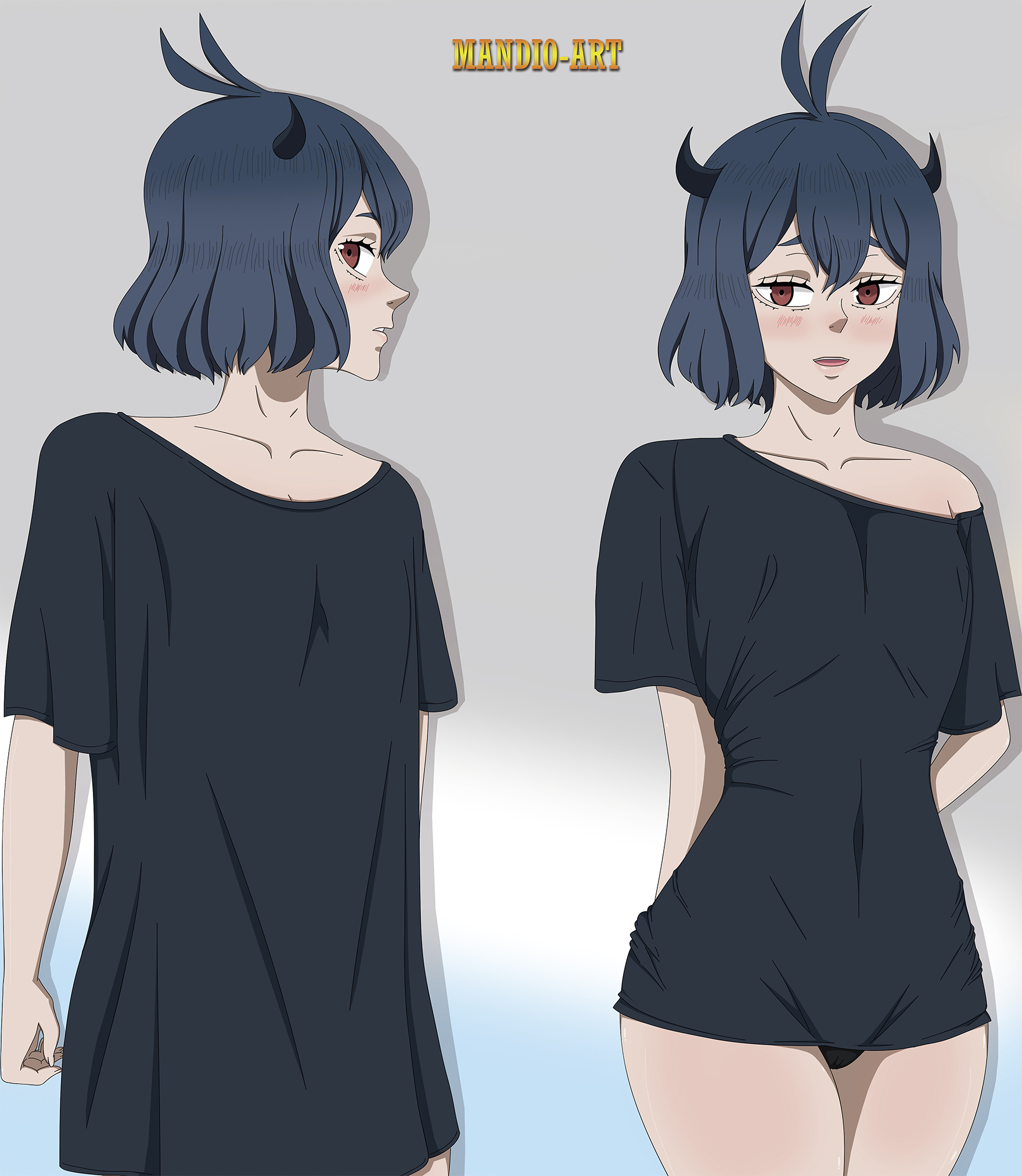 black clover, black hair, black panties, black shirt, blush, horns, mandio art, red eyes, secre swallowtail, shirt, short hair