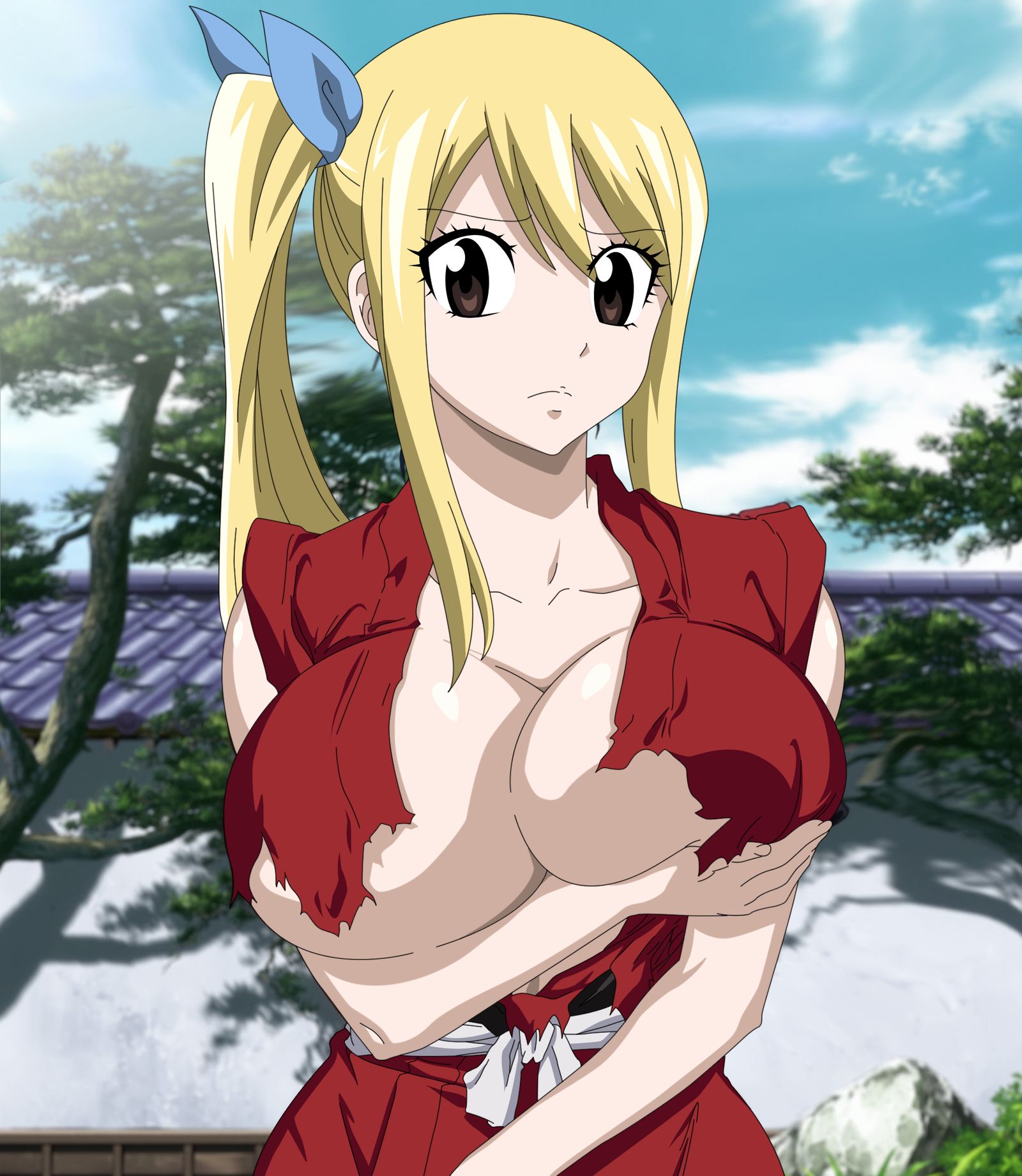 1girls, big breasts, blonde hair, blonde-haired female, breasts, brown eyes, cleavage, ecchianimeedits, edit, fairy tail, female, female only, huge breasts, long hair, lucy heartfilia, magic user, shounen jump, side ponytail, solo, torn clothes, underboob