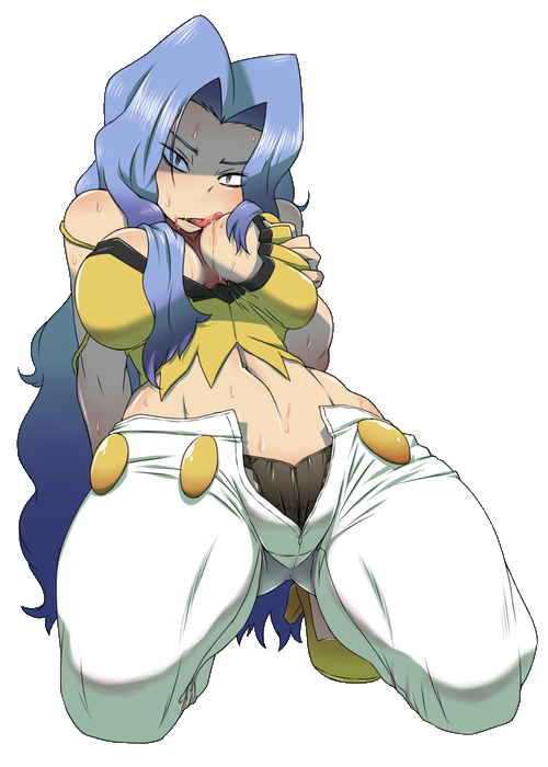 1girls abs alpha_channel alternate_breast_size belly blue_eyes blue_hair breasts clothed clothing elite_four fit human hun karen_(pokemon) karen_(pokemon_hgss) kneeling long_hair looking_at_viewer midriff navel nintendo pokemon pokemon_gsc pokemon_hgss pose saliva shirt sweat thigh_gap wet