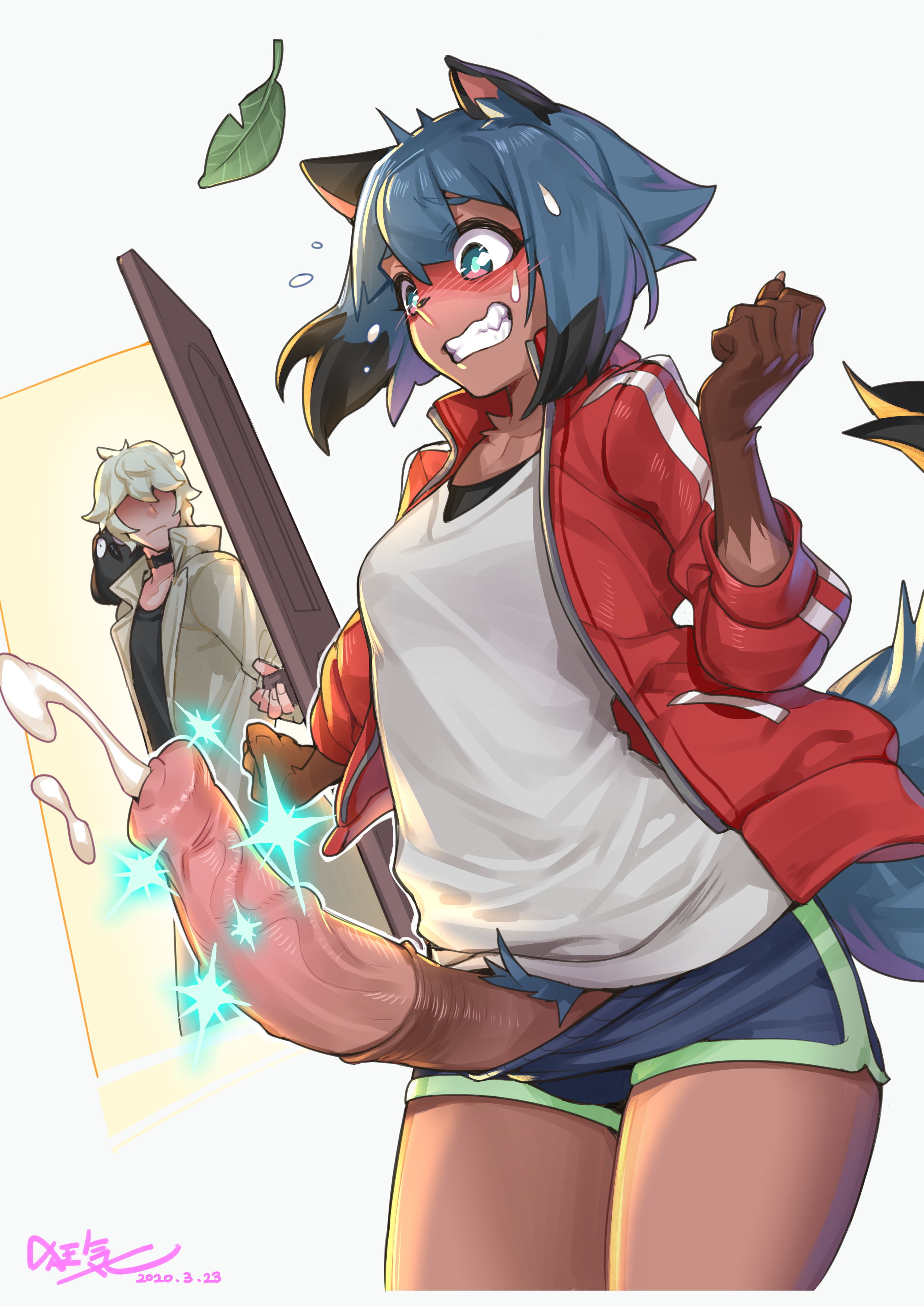 1boy, 1futa, animal ears, big penis, blush, brand new animal, breasts, brown skin, clenched teeth, clothed, clothing, cum, dark skin, dark-skinned futa, ejaculation, furry, futa focus, futanari, hands-free, handsfree ejaculation, herm, horsecock, implied transformation, intersex, male, michiru kagemori, mostly clothed, penis, pink penis, shirou ogami, short hair, shorts, simple background, solo focus, sparkle, studio trigger, tan skin, transformation, trevor25527766