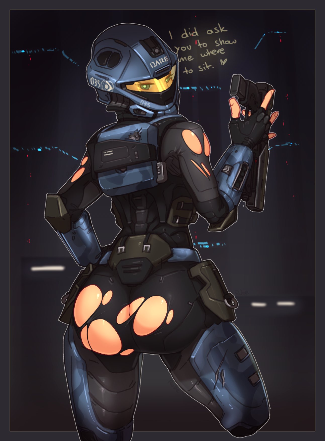 2d armor ass bedroom_eyes black_underwear blue_armor body_armor dialog dialogue female female_human female_soldier firearm green_eyes gun halo halo_(series) halo_3_odst handgun helmet highres justrube looking_at_viewer looking_back looking_over_shoulder m6s magnum magnum_(halo) odst office_of_naval_intelligence orbital_drop_shock_trooper over_shoulder ranged_weapon ripped_bodysuit ripped_clothes ripped_clothing ripped_pants rube science_fiction thighs tight_clothes tight_clothing tight_fit tight_pants unsc veronica veronica_dare weapon