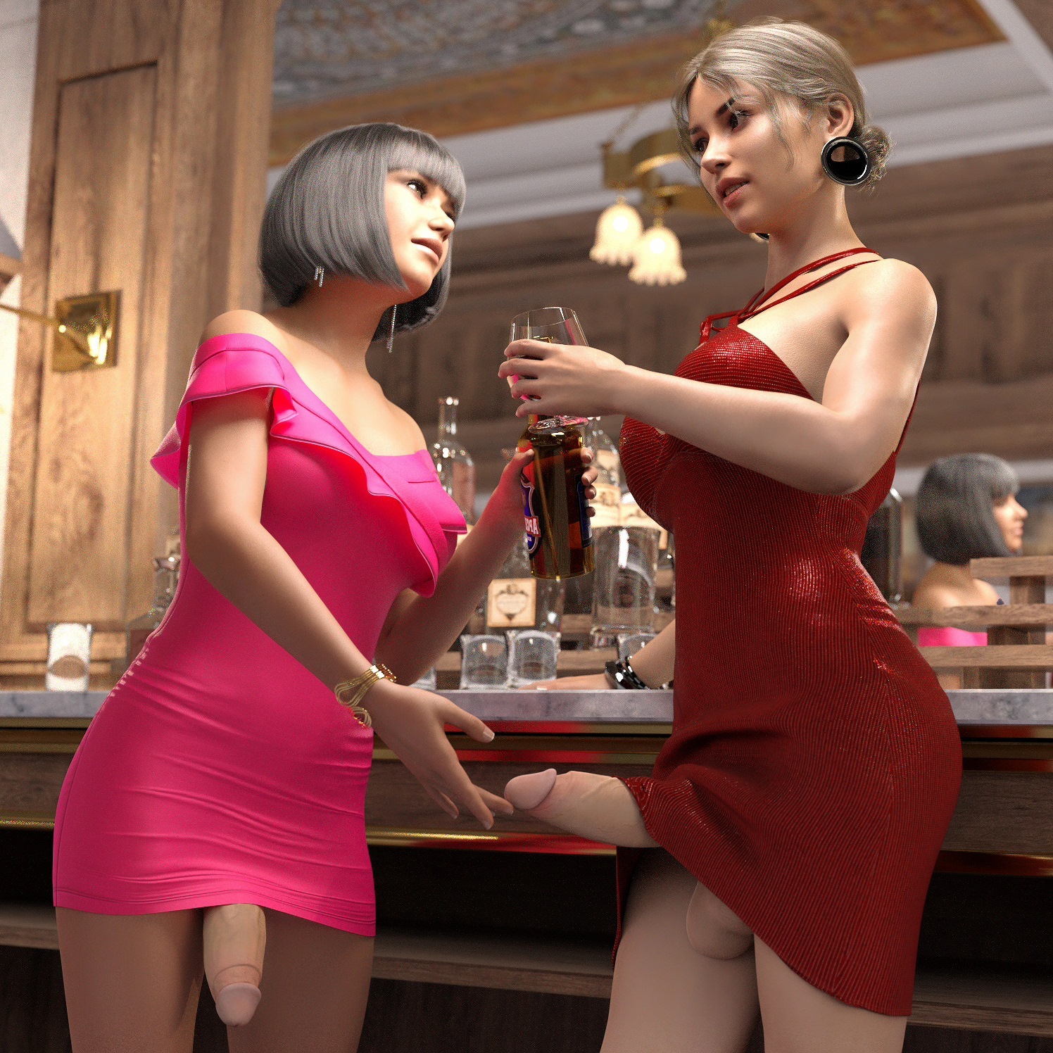 2futas, 3d, balls, balls under clothes, bottomless skirt, breasts, casual, casual erection, casual exposure, clothing, curvy, erection, erection under clothes, erection under skirt, futa on futa, futa only, futanari, intersex, large breasts, large penis, penis, penis out, penis under clothes, penis under skirt, realistic, skirt, skirt lift, sostene