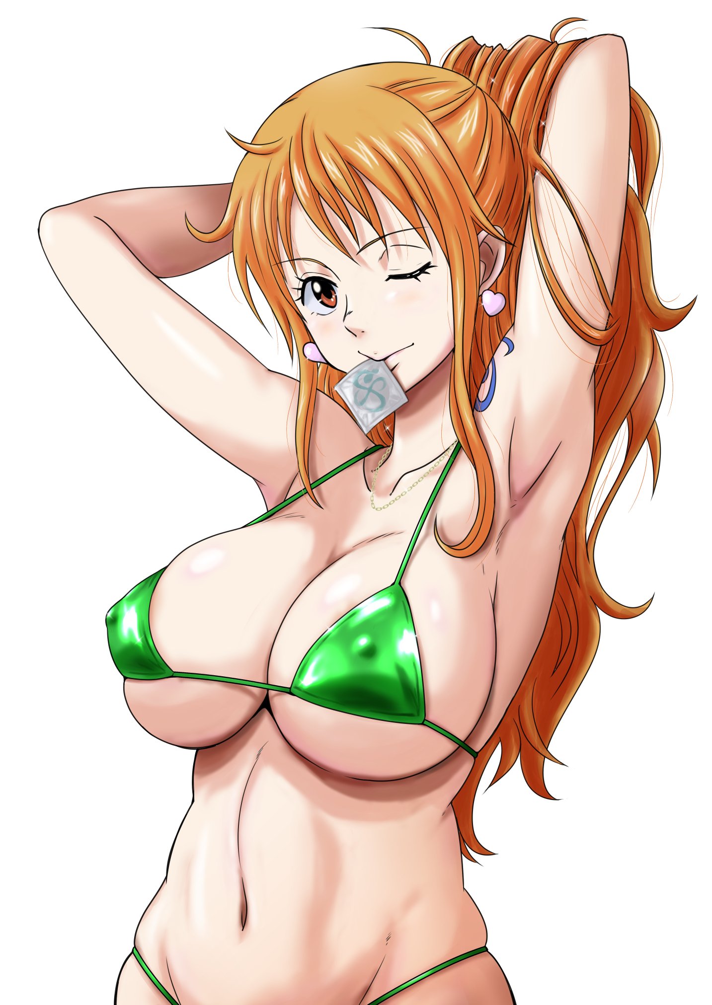 1girls, arm tattoo, armpits, arms behind head, big breasts, bikini, blue tattoo, breasts, brown eyes, condom in mouth, condom wrapper, female, female only, highres, holding condom, long hair, minpei ichigo, nami (one piece), nipples, nipples visible through clothing, one piece, open condom wrapper, orange hair, orange-haired female, ponytail, solo, solo female, solo focus, tattoo