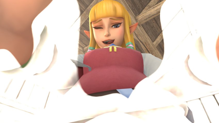 3d, cum, cum on viewer, facial, fellatio, futa only, futanari, highres, intersex, licking lips, nintendo, one eye closed, oral, pointy ears, princess zelda, skyward sword, smile, solo futa, tagme, taker pov, the legend of zelda, theboobedone, zelda (skyward sword)