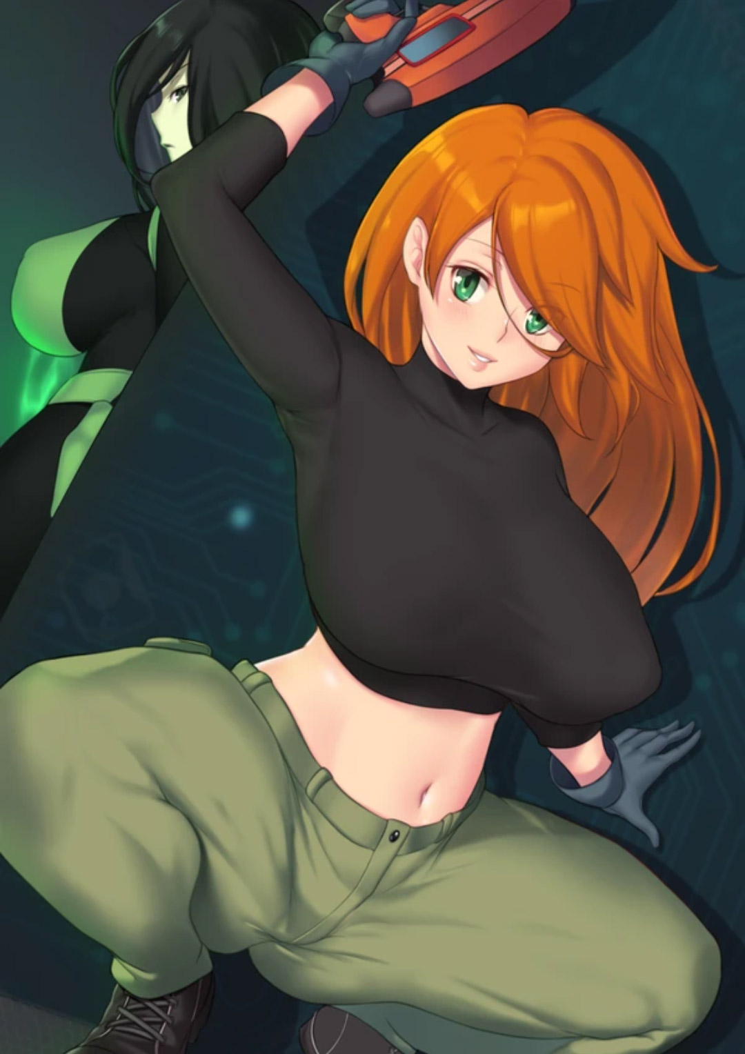 2girls, aster crowley, big breasts, black hair, breasts, disney, female, female only, gloves, green eyes, higher resolution available, huge breasts, kim possible, kimberly ann possible, long hair, multiple females, multiple girls, nipples visible through clothing, no source, orange hair, pants, shego, shoes