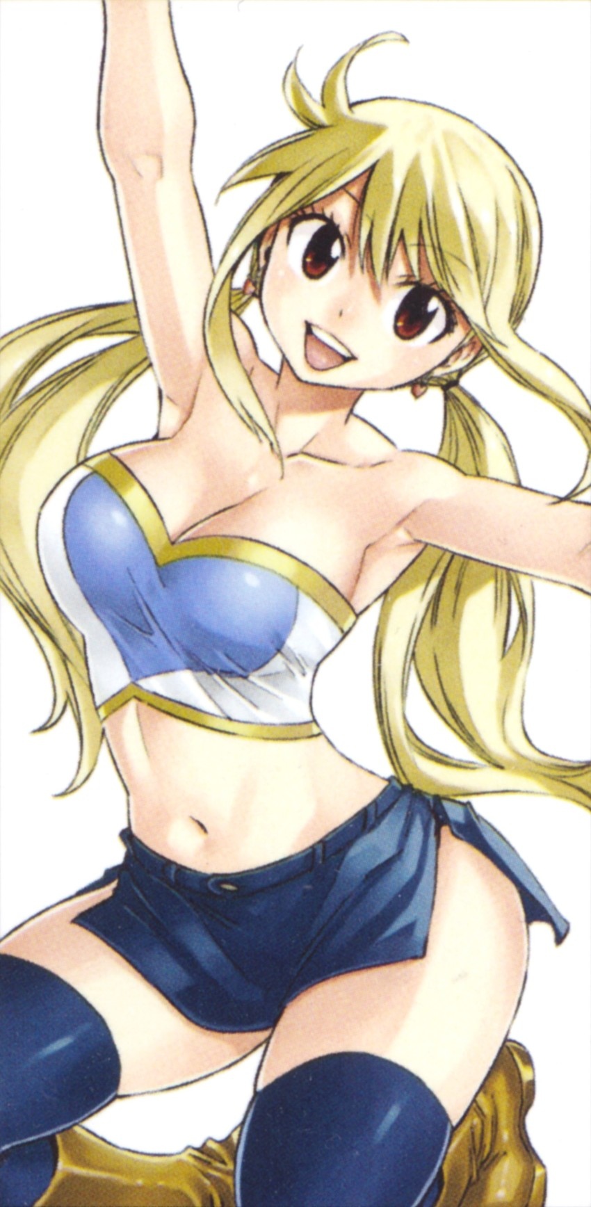 1girls, armpits, big breasts, blonde hair, blonde-haired female, boots, breasts, brown eyes, fairy tail, female, hips, long hair, lucy heartfilia, mashima hiro, skirt, smile, stockings, stomach
