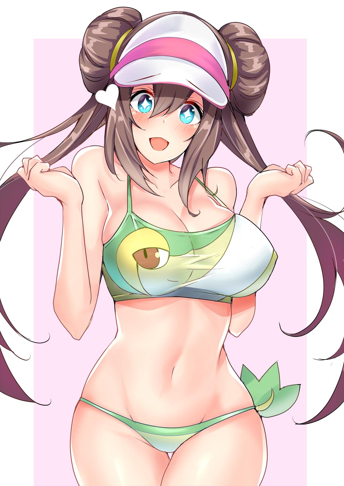 1girls abs alternate_outfit armpits big_breasts blue_eyes brown_hair cleavage eye_contact female female_only hair_bun heart human long_hair looking_at_viewer nintendo nipples nipples_visible_through_clothing pokemon pokemon_bw2 rosa_(pokemon) sankakusui_(deltawhite) smile solo solo_female solo_focus source_request sparkling_eyes thigh_gap wide_hips