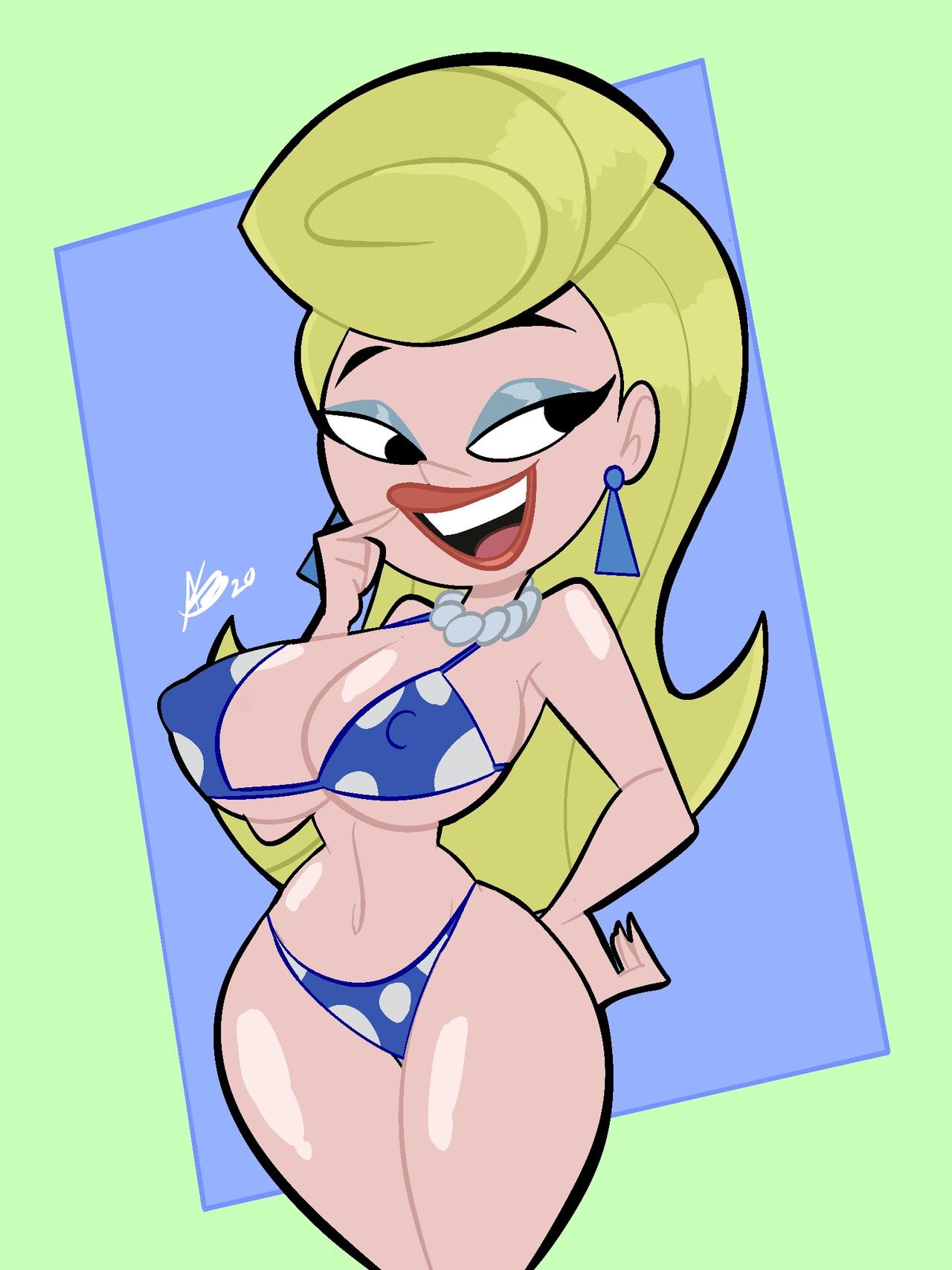 atomickingboo, big breasts, bikini, blonde hair, breasts, cartoon network, earrings, erect nipples, eyeshadow, female, female only, hand on hip, large breasts, lipstick, long hair, mrs. rich, nipple bulge, nipples, pearl necklace, the grim adventures of billy and mandy, thick thighs, voluptuous, wide hips
