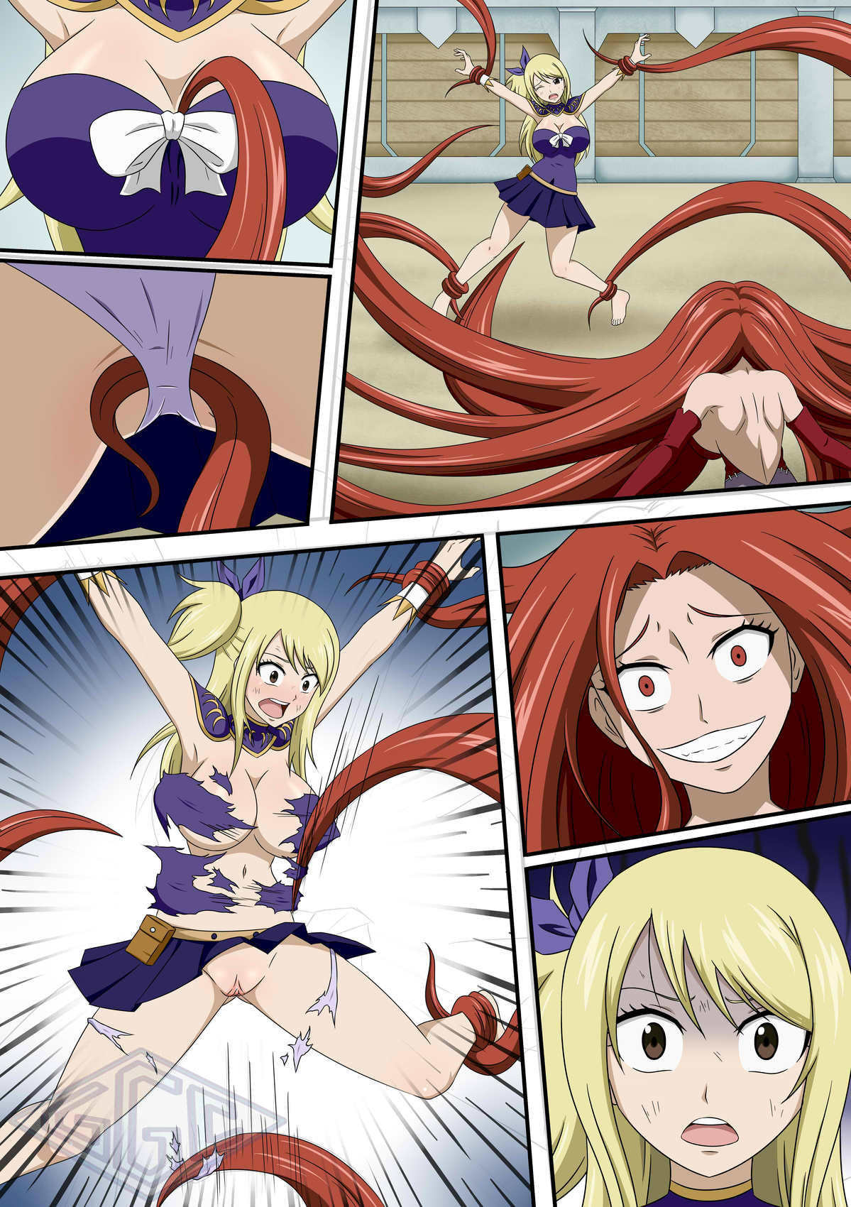 2girls, arena, blonde hair, blonde-haired female, breasts, brown eyes, fairy tail, female, flare corona, forced, ggc, hair, helpless, imminent rape, imminent sex, lucy heartfilia, miniskirt, multiple females, multiple girls, panties, public use, rape, red eyes, red hair, red-haired female, restrained, scared, striped, tentacle, torn clothes, torn clothing, torn panties, yuri