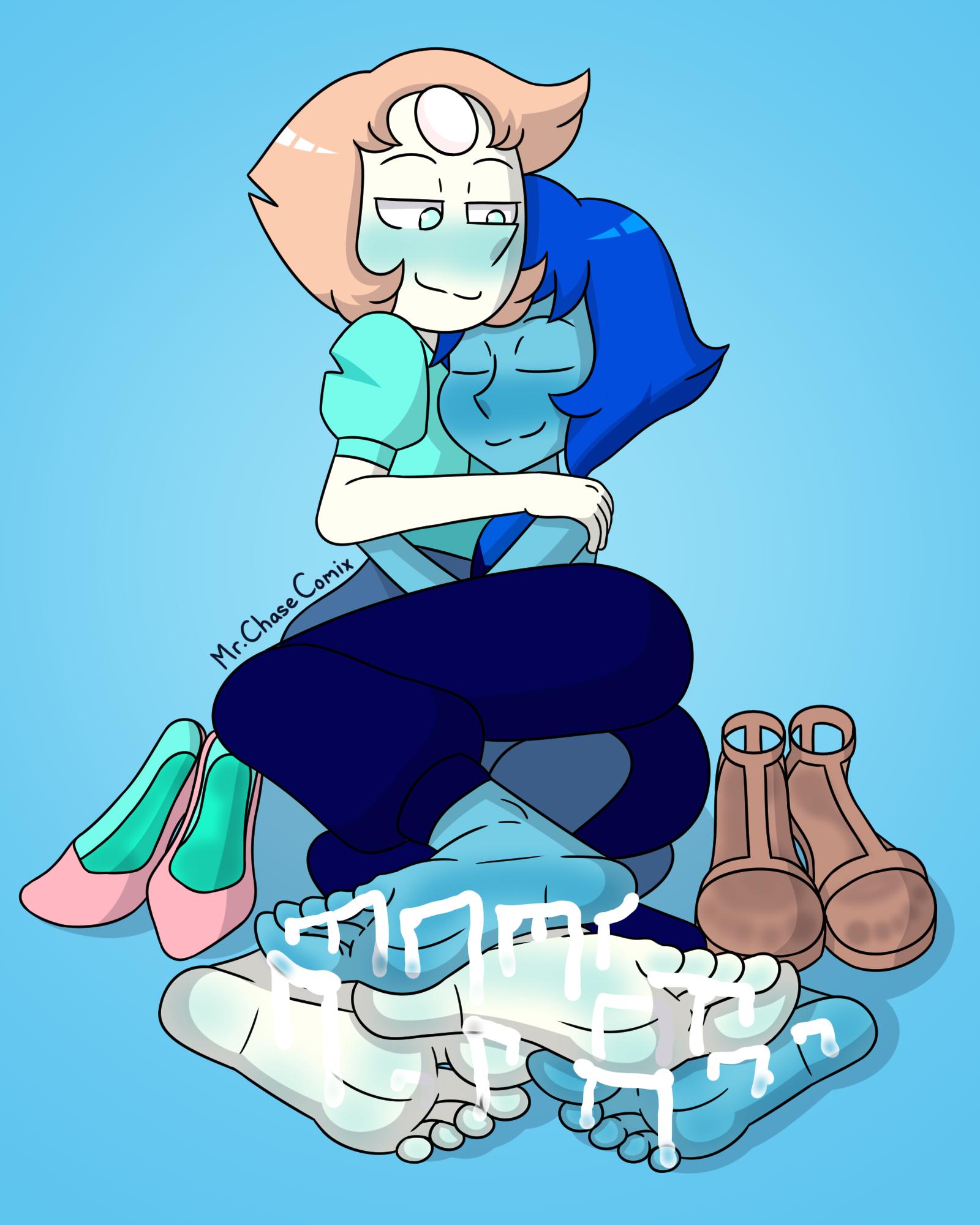 2d, barefoot, blue body, blue eyes, blue hair, blue skin, closed eyes, cum, cum on feet, eyes closed, feet, female, flats, foot fetish, foot focus, fully clothed, lapis lazuli (steven universe), mr. chase comix, no penetration, pearl (steven universe), sandals, sandals removed, shoes, shoes removed, soles, steven universe, toes