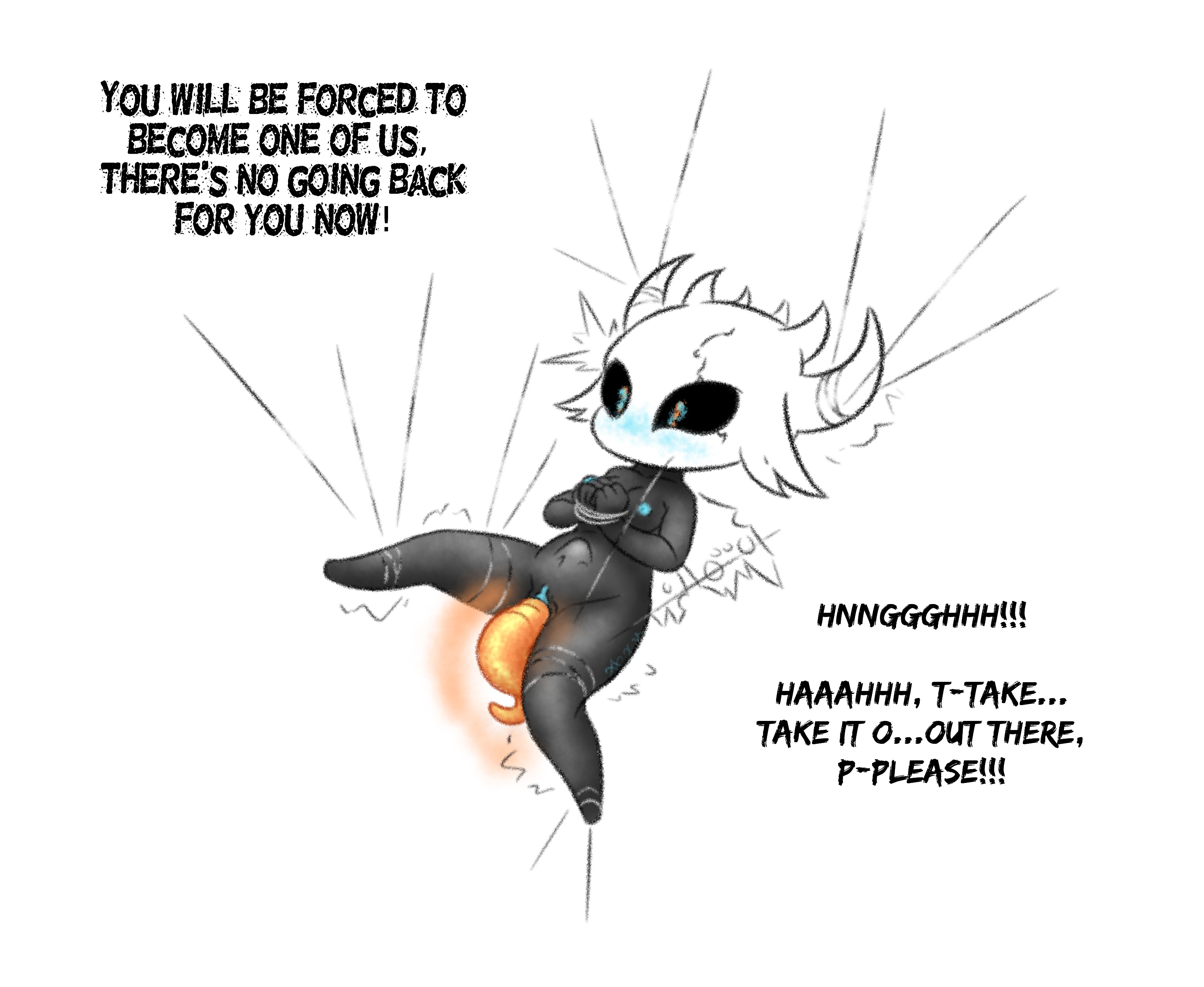 1girls, annoyed, anthro, anthropod, belly, blue nipples, blue pussy, blush, blushing, breasts, bug girl, captured, creature inside, dark skin, dark-skinned female, dialogue, english text, female, female focus, female only, hands tied, hollow knight, horn, horns, insect, insects, insertion, legs up, looking down, looking up, makanryake (vessel), nipples, nude, orange eyes, parasite, penetration, pussy, rape, restrained, shaking, shocked, shy ayu, small breasts, solo, solo female, spread legs, stomach bulge, string, surprised, suspension, text, thick thighs, thighs, unbirth, unbirthing, vaginal insertion, vaginal penetration, vessel (species), vore, wide hips, wings, worm, worried