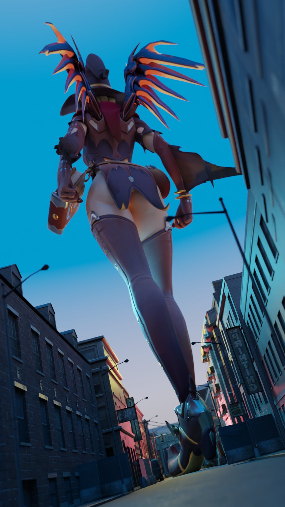 1girls, 3d, bottopbot2, exposed ass, female, giantess, heels, lowres, mercy, no panties, overwatch, thighhighs, witch hat, witch mercy