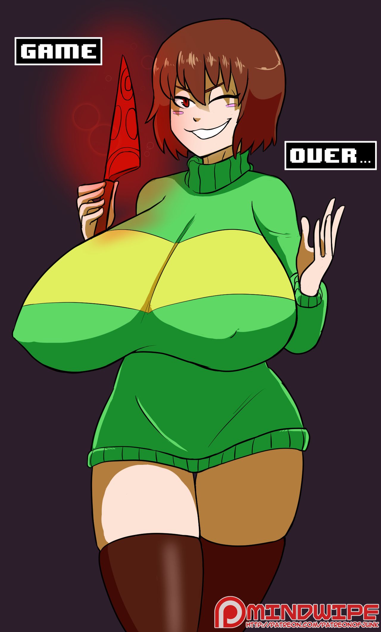 1girls, 2d, breasts, brown hair, chara, female, female chara, female only, gigantic breasts, huge breasts, human, human female, human only, knife, mindwipe, nipple bulge, planetofjunk, red eyes, solo, solo female, thighs, undertale, undertale (series)