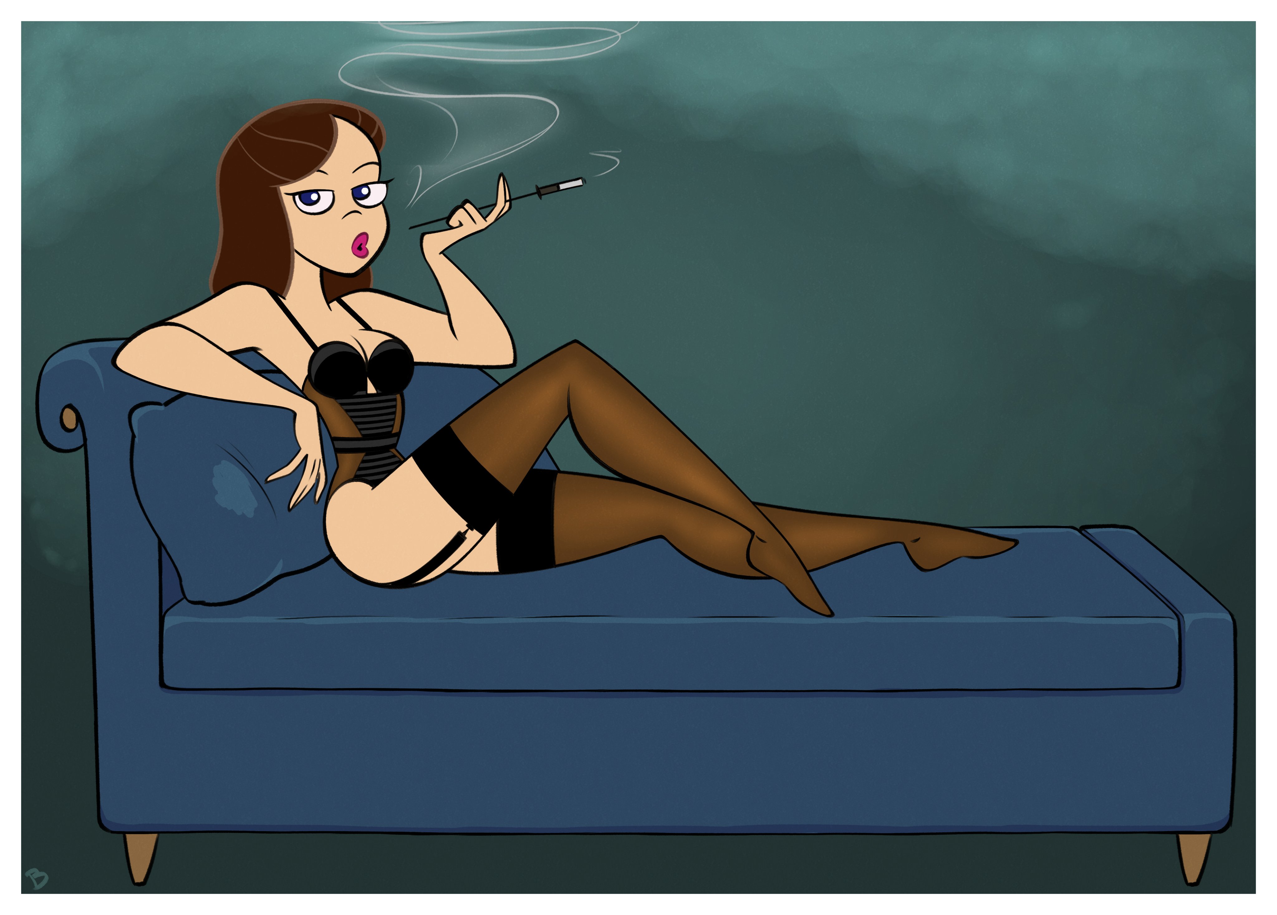 2020, accurate art style, brown hair, cigarette, cigarette holder, commission, digital media (artwork), disney, disney channel, disney xd, female, goth, lingerie, lounging, phineas and ferb, roger bacon, smoking, solo, tagme, vanessa doofenshmirtz, white female