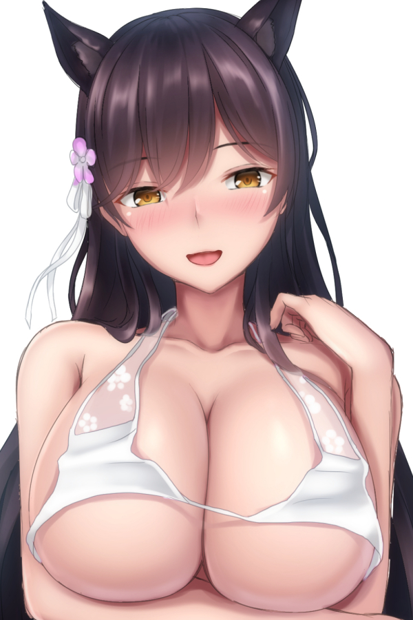 1girls animal_ears arm_under_breasts atago_(azur_lane) atago_(summer_march)_(azur_lane) azur_lane bangs bare_shoulders bikini black_hair blush breast_hold breasts brown_eyes clavicle cleavage exposed_shoulders eyebrows_visible_through_hair female female_only flower hair_flower hair_ornament halterneck happy head_tilt large_breasts light-skinned_female light_background light_skin long_hair looking_at_viewer open_mouth pink_flower portrait ribbon sakura_empire_(azur_lane) simple_background smile solo solo_female swimsuit tapisuke underboob upper_body very_long_hair white_background white_bikini white_bikini_top white_ribbon white_swimsuit