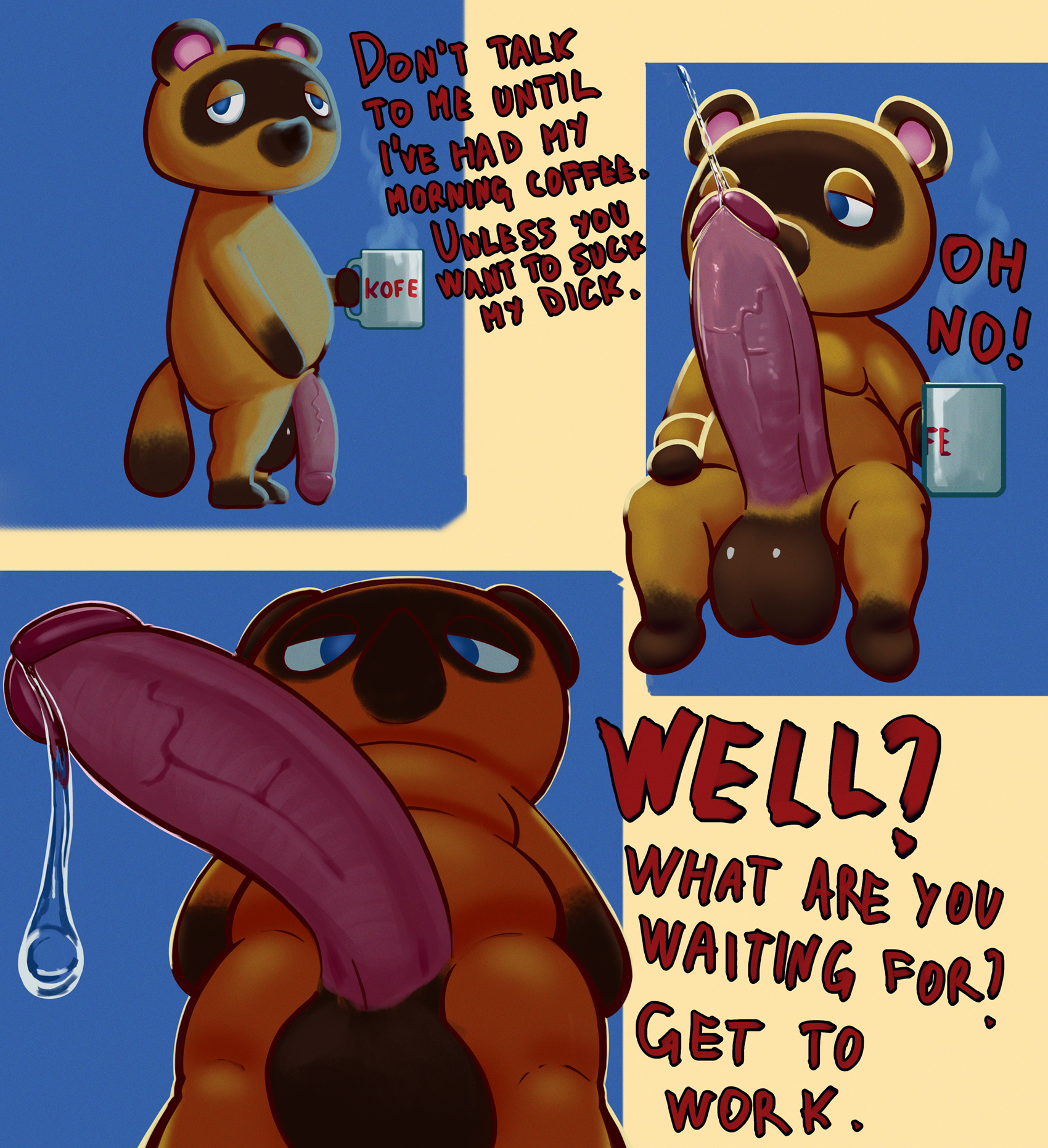 2020, animal crossing, balls, beverage, big balls, big penis, big testicles, bodily fluids, brown body, brown fur, canid, canine, coffee, cup, dialogue, domination, english text, erection, fur, genital fluids, genitals, highres, holding object, huge balls, huge cock, huge testicles, humanoid genitalia, humanoid penis, long penis, looking at penis, looking at viewer, male, male domination, male only, mammal, nintendo, nude, overweight, overweight male, penis, pov, precum, precum string, raccoon dog, simple background, sketch, slightly chubby, solo, solo focus, tall lizzard (artist), tanuki, testicles, text, tom nook, tonooke