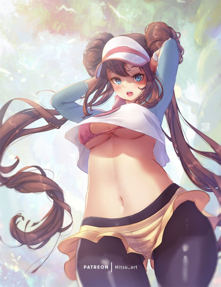 1girls, big breasts, blue eyes, breasts, brown hair, female, hair bun, human, long hair, looking at viewer, mitsu art, nipples, nipples visible through clothing, pantyhose, pantyhose under shorts, pantyhose under skirt, patreon, pokemon, pokemon bw2, rosa (pokemon), shorts, skirt, solo, source request, text, twintails, underboob, watermark, yellow shorts, yellow skirt