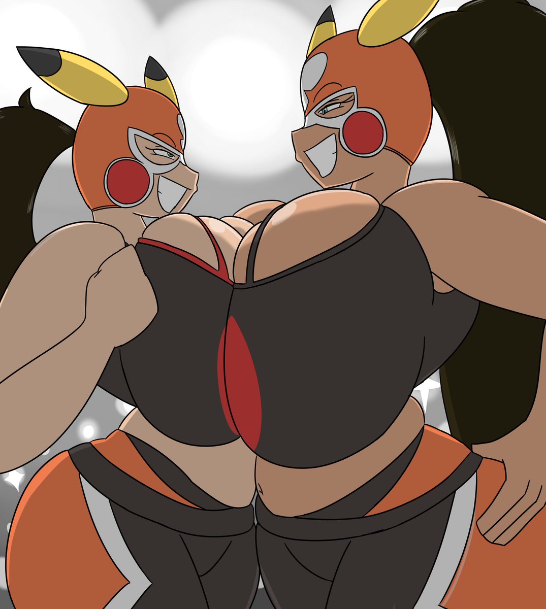 2girls armpits ass breast_frottage bursting_breasts cleavage clothed cosplay cosplay_pikachu eye_contact female_protagonist_(pokemon_go) half-closed_eyes huge_ass huge_breasts human igphhangout incest larger_female leggings mask midriff milf mother_and_daughter naughty_face nintendo original_character original_characters pikachu_libre_(cosplay) pokemon pokemon_go pokemon_oras ponytail seductive seductive_smile shirt size_difference smaller_female smile thick_thighs trainer_go's_mom_(igph) trainer_go_(igph) wide_hips yuri