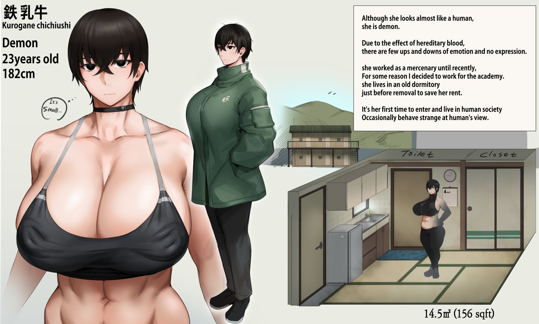 black eyes, black hair, breasts, choker, curvy, demon, demon girl, english text, female, huge breasts, kunaboto, kurogane (kunaboto), mature female, musclegut, muscular, muscular female, nipple bulge, original character, short hair, tank top, text, venus body