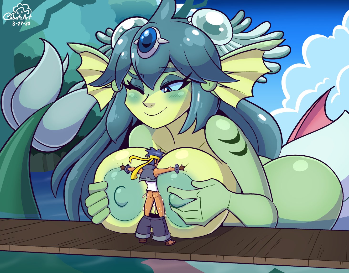 1boy, 1girls, bolo, breast grab, breasts, cobatsart, cum, cum between breasts, cum on breasts, female, giantess, giga mermaid, gigantic breasts, happy, huge breasts, larger female, male, merfolk, mermaid, mermaid giantess, nipples, paizuri, shantae, size difference, smaller male, smooth skin, wayforward, wink