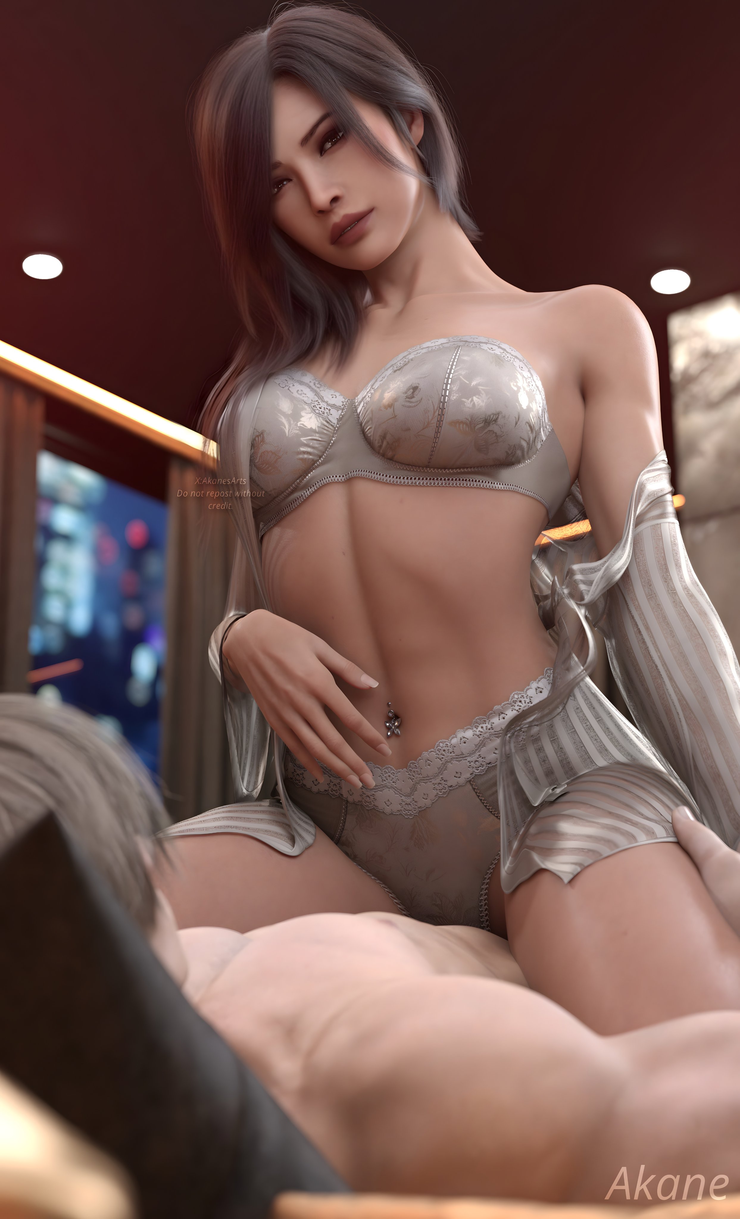 1boy, 1boy1girl, 1girls, 3d, 3d (artwork), 3d model, 3d render, ada wong, ada wong (adriana), akanesarts, asian, asian female, bedroom, black hair, brown eyes, cleavage, cowgirl position, female torso, fit, fit female, hand on hip, highres, imminent sex, intimate, lace-trimmed bra, lace-trimmed panties, leon scott kennedy, lingerie, looking at viewer, naked male, navel piercing, on bed, panties, resident evil, resident evil 4, resident evil 4 remake, ring, robe, romantic, romantic couple, see-through, short hair, underwear, white lingerie, woman on top