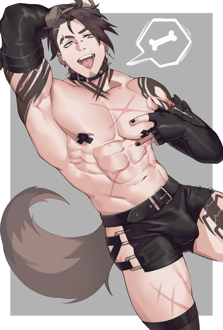 1boy, 2d, abs, armpits, bara, bridge piercing, buff, buff male, bulge, bulge through clothing, clothed, clothed male, collar, color, commission, commission art, ear piercing, eyebrow piercing, eyebrow slit, facial hair, fake animal ears, fake tail, fangs, fingerless gloves, fleshkitty, full color, gloves, long gloves, male, male only, manly, muscles, muscular, muscular male, nail polish, nipples covered, no visible genitalia, open mouth, original, original character, pecs, piercings, puppy, scars, shaved eyebrow, skimpy clothes, smash, solo, solo male, speech bubble, spiked collar, split tongue, tail, taped nipples, tattoos, teeth showing, tongue, tongue out, white border, would, zink (zink mchn)