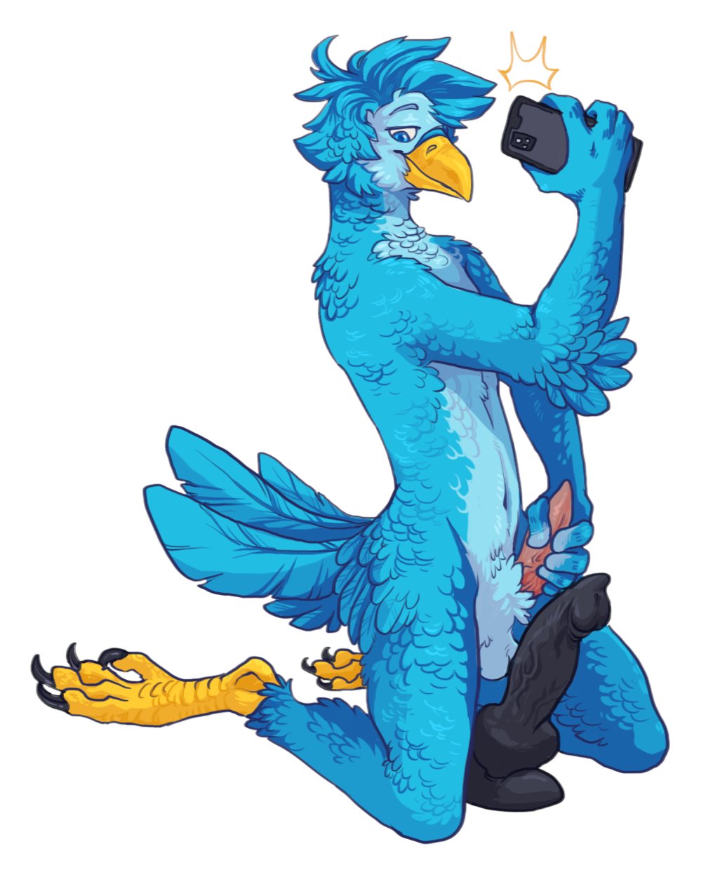 4:5 anthro avian beak blue_body blue_feathers cellphone dildo feathers genitals hi_res holding_penis kris_(krisdabirb) male male_only nude penis phone pppimvipar presenting presenting_penis selfie sex_toy smartphone smug solo tapering_penis teasing