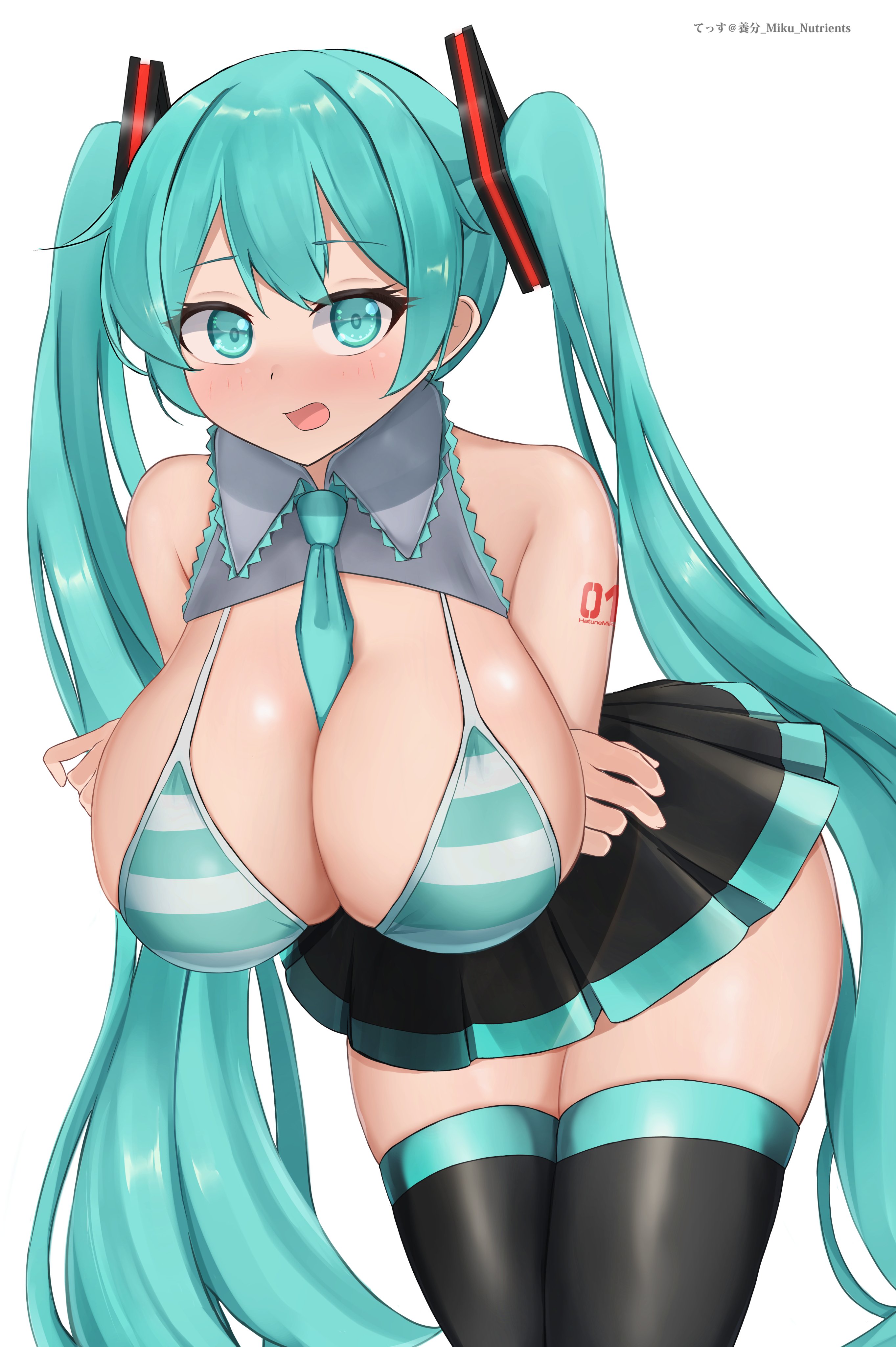 1girl, alternate breast size, aqua eyes, aqua hair, aqua necktie, bent over, between breasts, bikini, black skirt, black thighhighs, blush, breasts, cleavage, crossed arms, embarrassed, exposed breasts, hatsune miku, hatsune miku (collared bikini), huge breasts, large breasts, long hair, looking at viewer, miku nutrients, necktie, necktie between breasts, open mouth, pleated skirt, shirt, simple background, skirt, solo, striped, striped bikini, swimsuit, tattoo, thighhighs, twintails, very long hair, vocaloid, white background