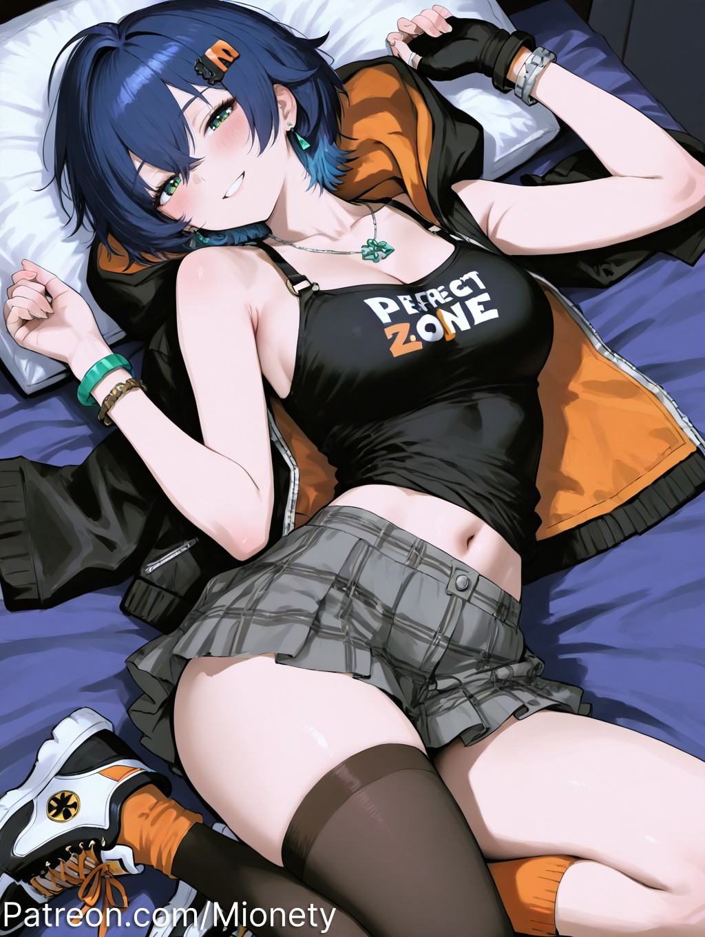 ahoge, ai generated, alternate costume, artist name, asymmetrical legwear, bare shoulders, belle (zenless zone zero), black camisole, black gloves, black jacket, black shirt, black tank top, black thighhighs, blue hair, blush, border, bracelet, breasts, camisole, character name, cleavage, closed mouth, clothes writing, collarbone, crop top, earrings, english text, female, fingerless gloves, food-themed hair ornament, gloves, green eyes, grey skirt, grin, hair between eyes, hair intakes, hair ornament, hairclip, hands up, hood, hooded jacket, horizontal-striped thighhighs, jacket, jewelry, kneehighs, large breasts, letter hair ornament, looking at viewer, lying, medium breasts, midriff, miniskirt, mionety, navel, necklace, nike (company), on back, on bed, open clothes, open jacket, orange jacket, orange socks, orange thighhighs, parted lips, patreon username, pillow, plaid skirt, pleated skirt, shirt, shoes, short hair, single glove, single thighhigh, skirt, sleeveless, smile, sneakers, socks, solo, stomach, striped clothes, tank top, thighhighs, thighs, white footwear, zenless zone zero