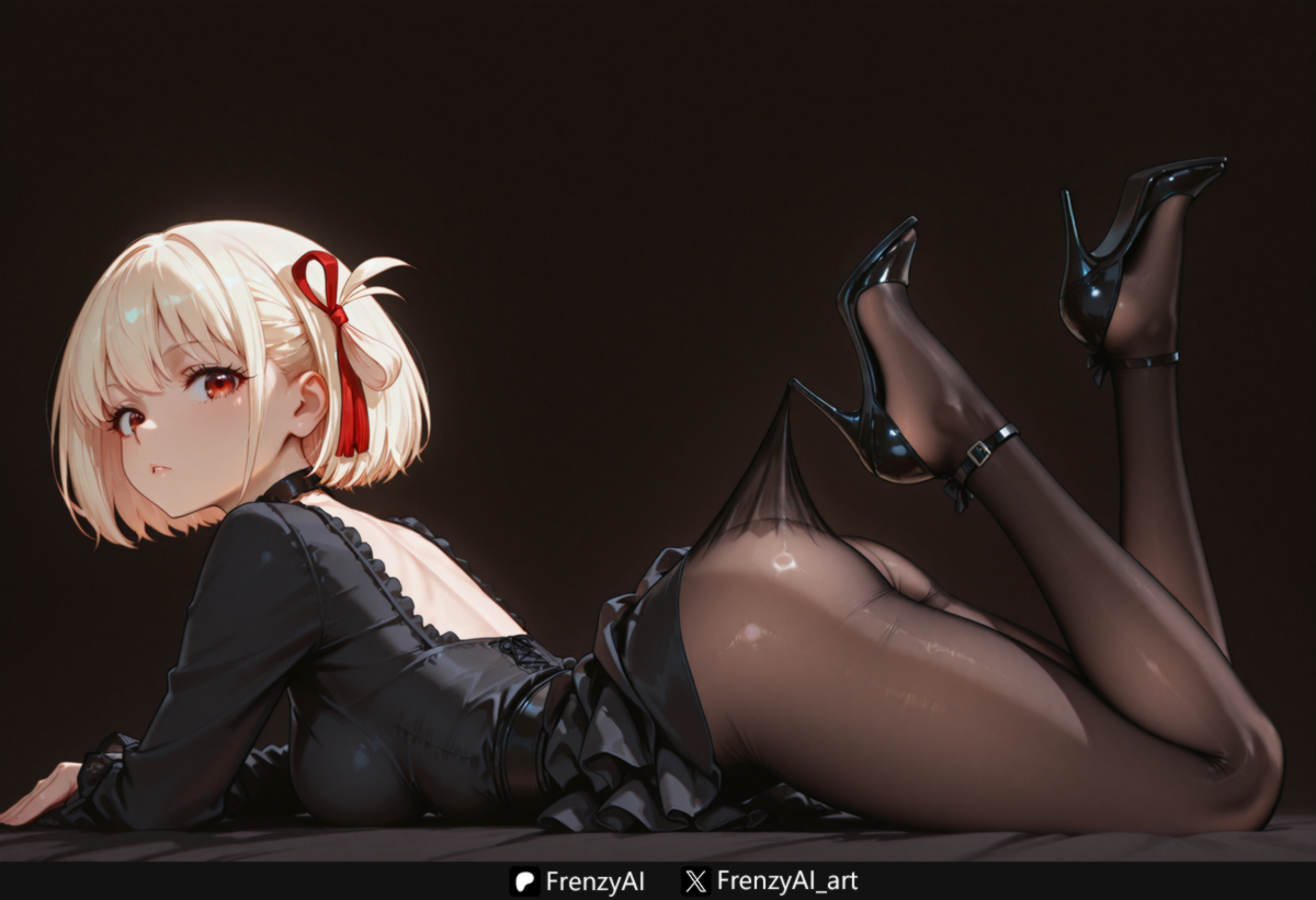 ai generated, ass, bangs, black background, black dress, black footwear, black pantyhose, blonde hair, breasts, dress, english text, feet up, female, frenzyai, from side, full body, hair ribbon, high heels, legs, legs up, long sleeves, looking at viewer, lycoris recoil, lying, medium breasts, nishikigi chisato, on stomach, one side up, pantyhose, parted lips, red eyes, red ribbon, ribbon, short hair, solo