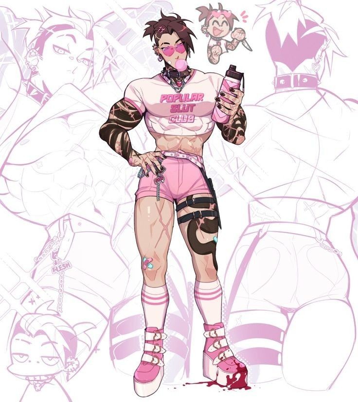 1boy, 2d, abs, ambush (trap), androgynous, bara, bara tits, big ass, blood, blowing bubblegum, boots, bubble gum, buff, buff male, character design, clothed, clothed male, collar, color, crop top, crossdressing, crossdressing male, ear piercing, fleshkitty, full color, heart shaped sunglasses, himbo, male, male bimbo, male only, muscles, muscular, muscular male, original, original character, painted nails, scars, shorts, smash, solo, solo male, sunglasses, tattooed arm, tattoos, viewed from behind, would